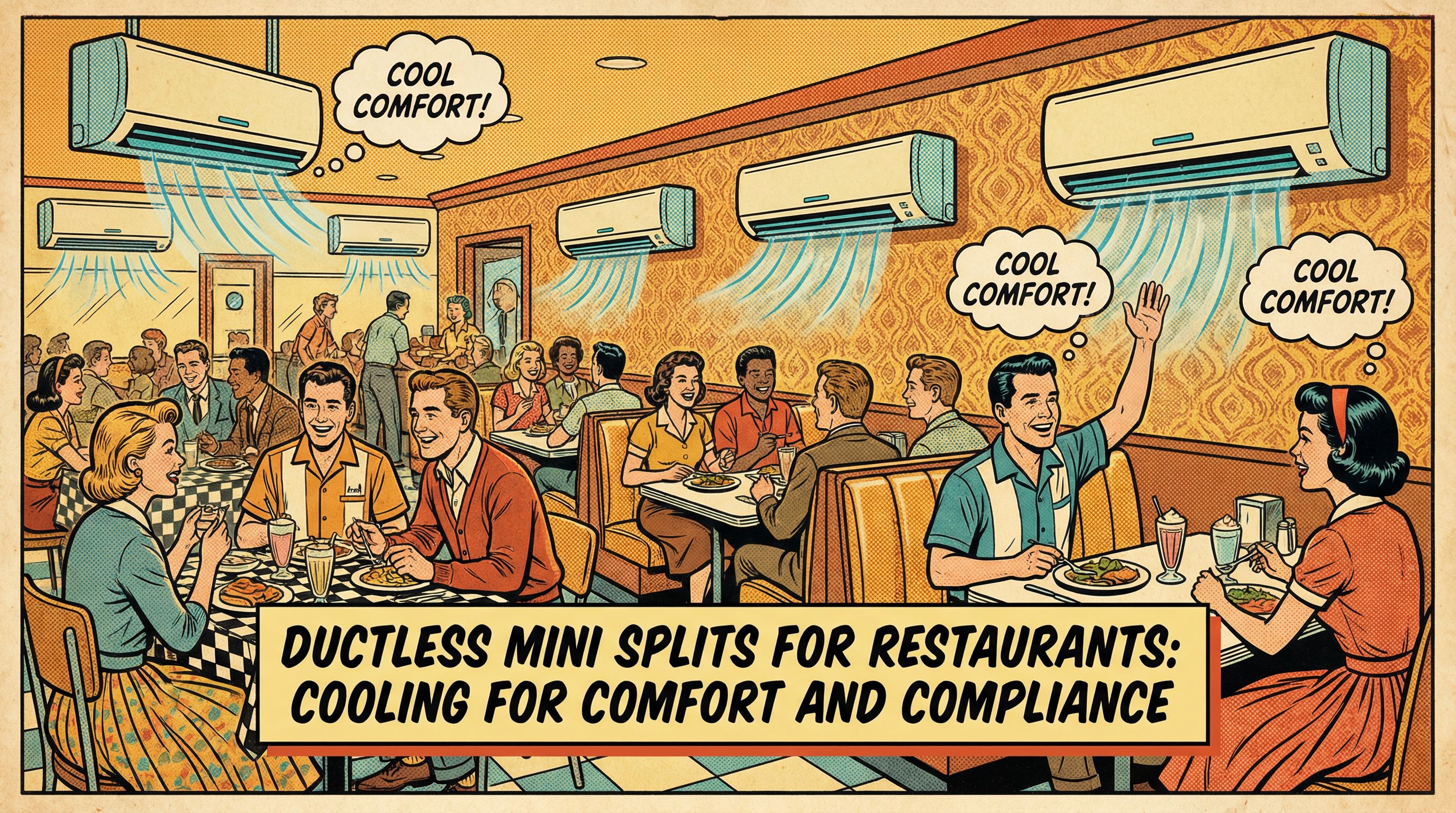 A vibrant restaurant scene showcasing patrons enjoying their meals under the comfortable ambiance provided by ductless mini-s