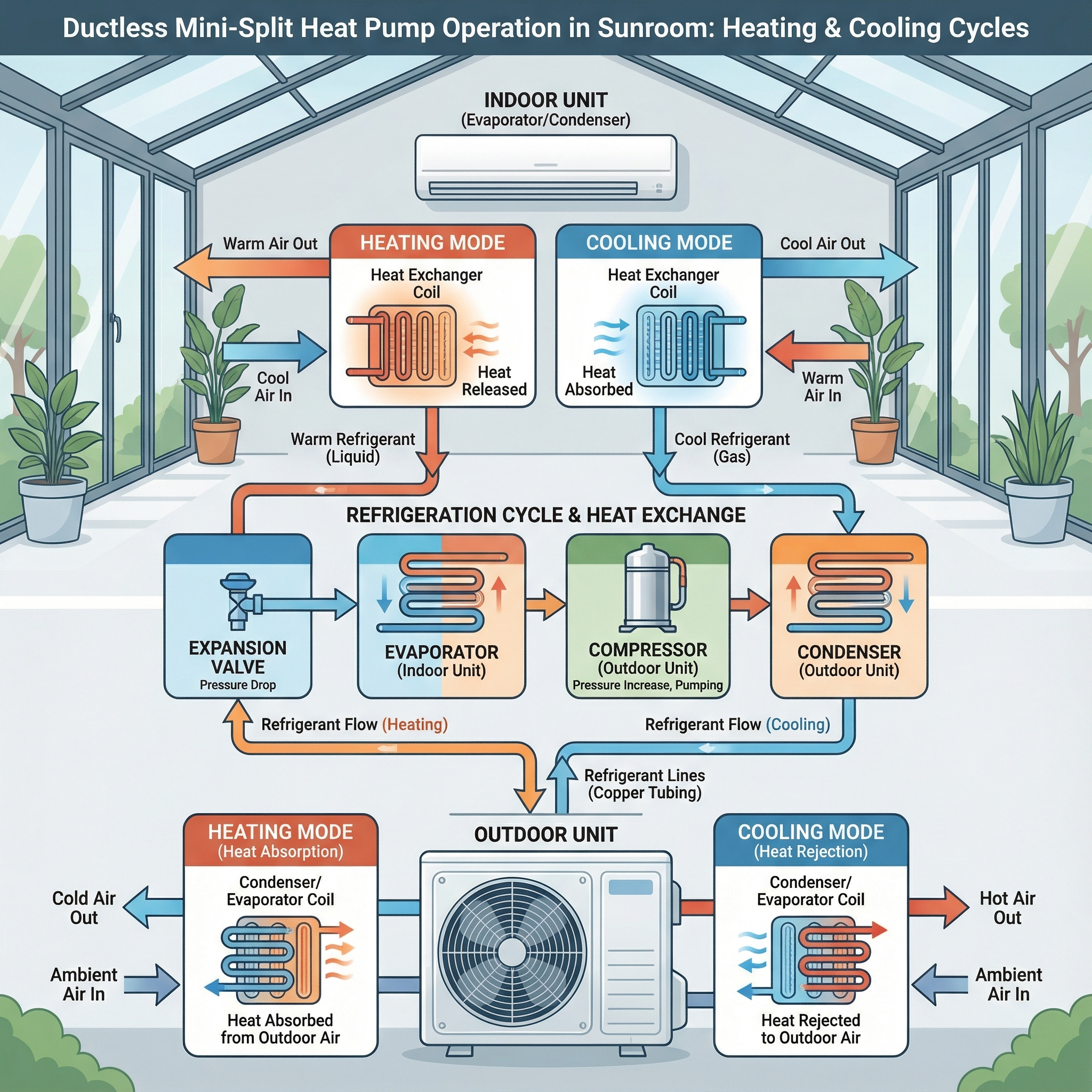 An informative infographic illustrating the operational mechanism of ductless mini-split heat pumps in sunrooms