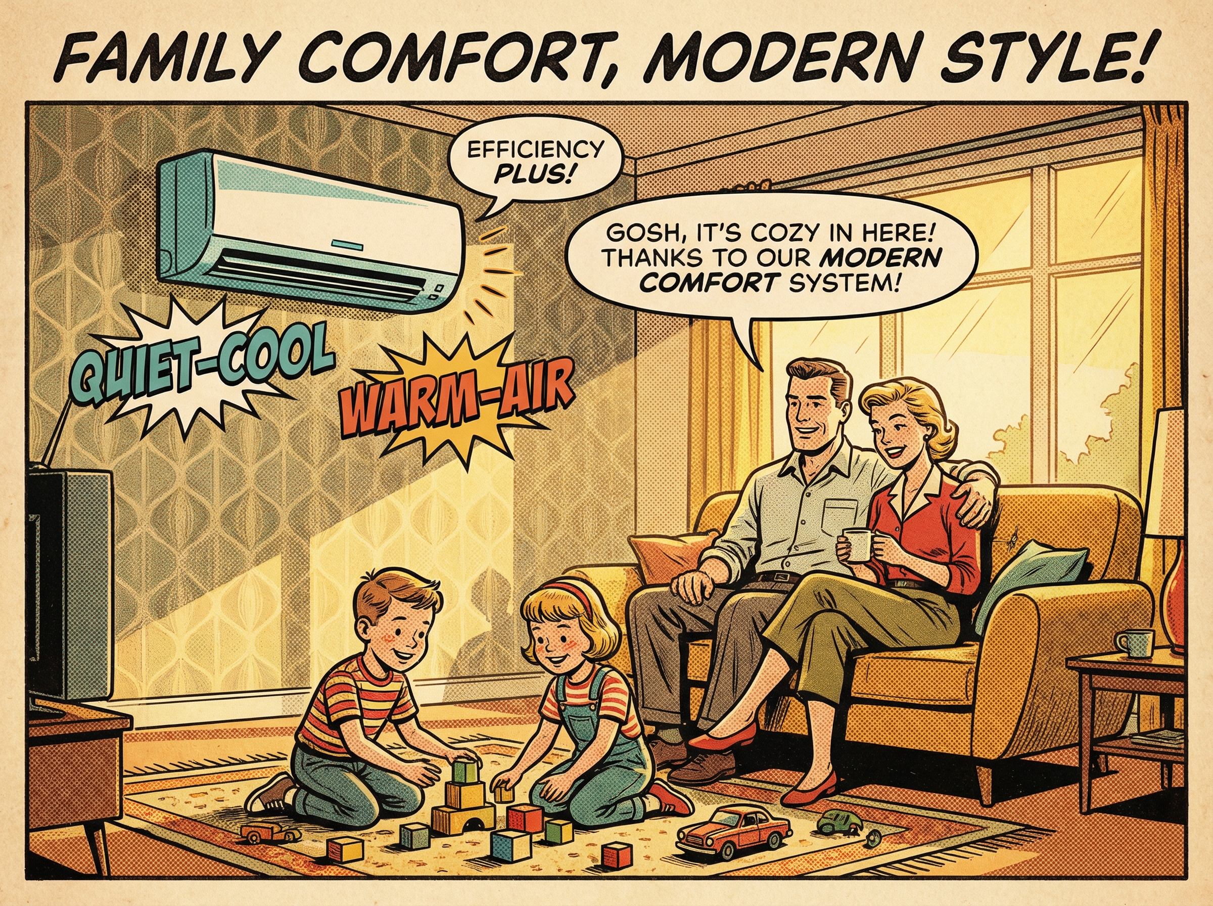 A cozy living room featuring a stylish ductless mini split heat pump mounted on a wall, with a family gathered around, enjoyi