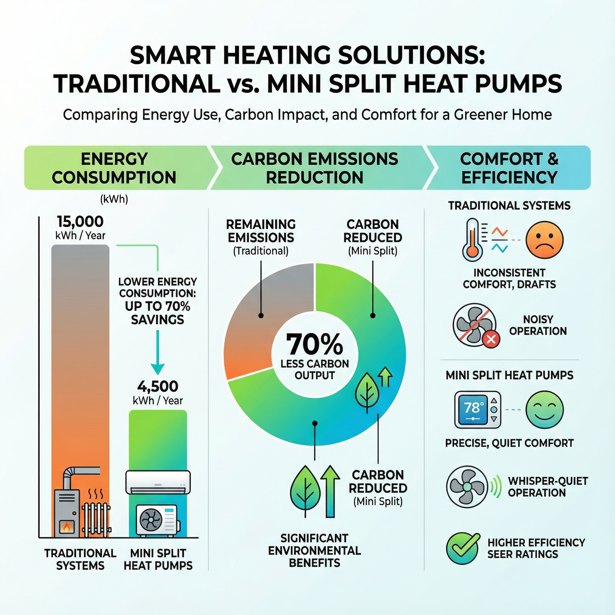 An infographic visually comparing energy consumption between traditional heating systems and mini split heat pumps