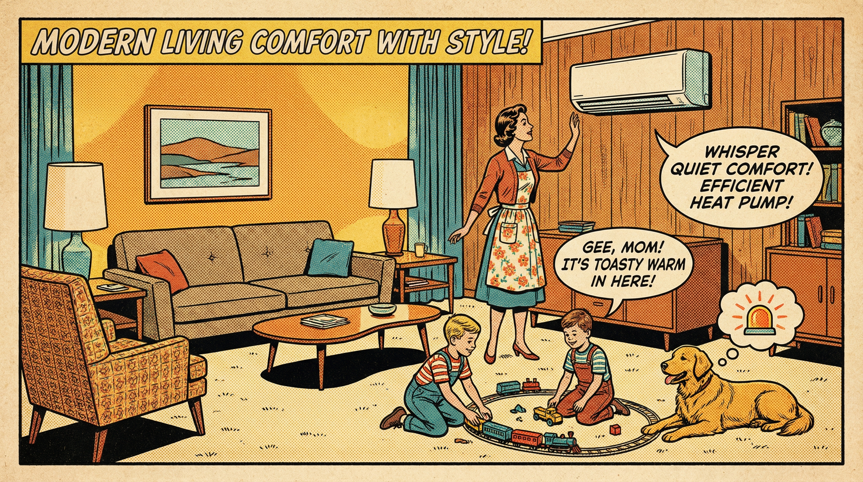A retro family scene in a cozy living room showcasing a stylish heat pump mini split unit mounted high on the wall