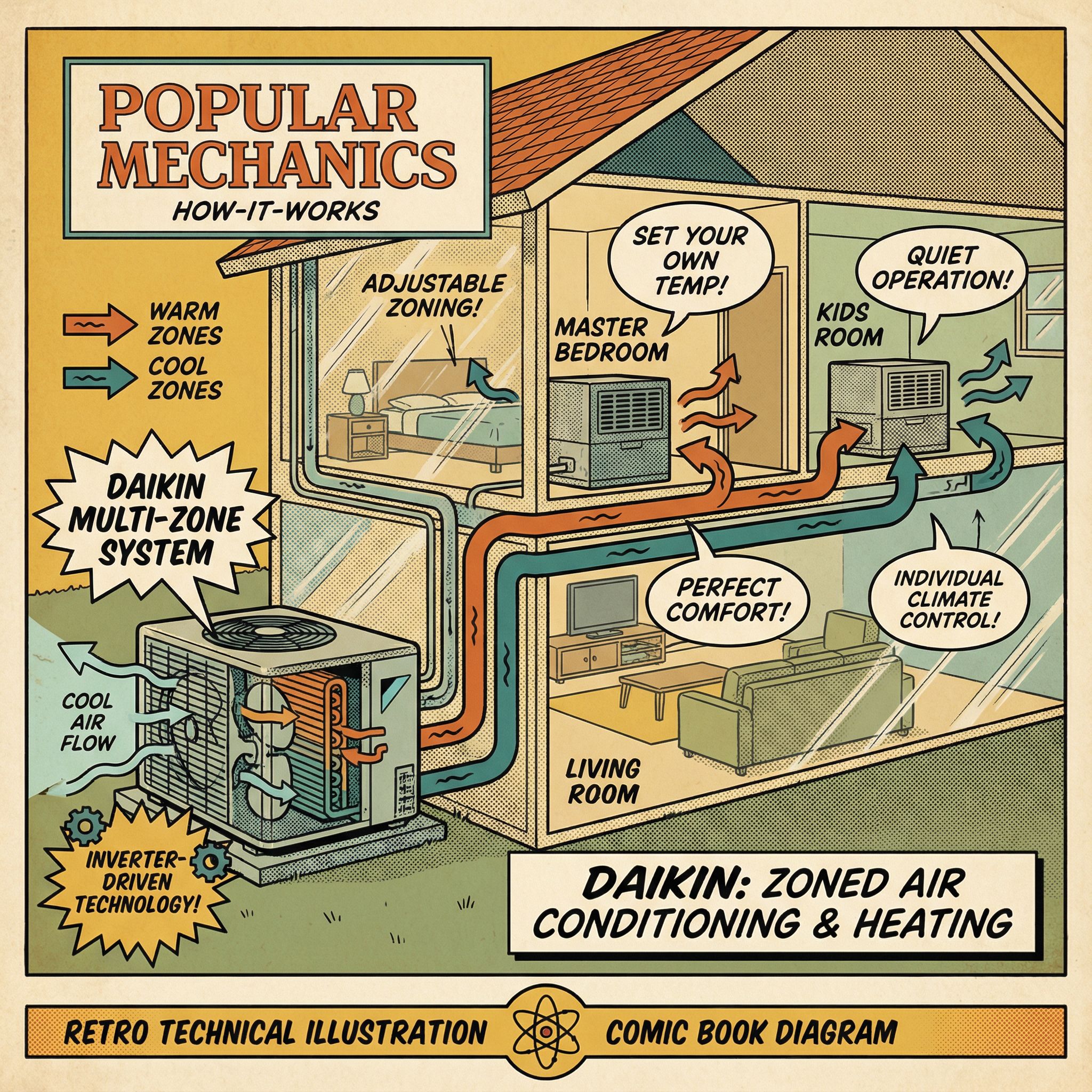 A cross-section view of a Daikin multi-zone mini-split system, showcasing the outdoor condenser and multiple indoor units in 