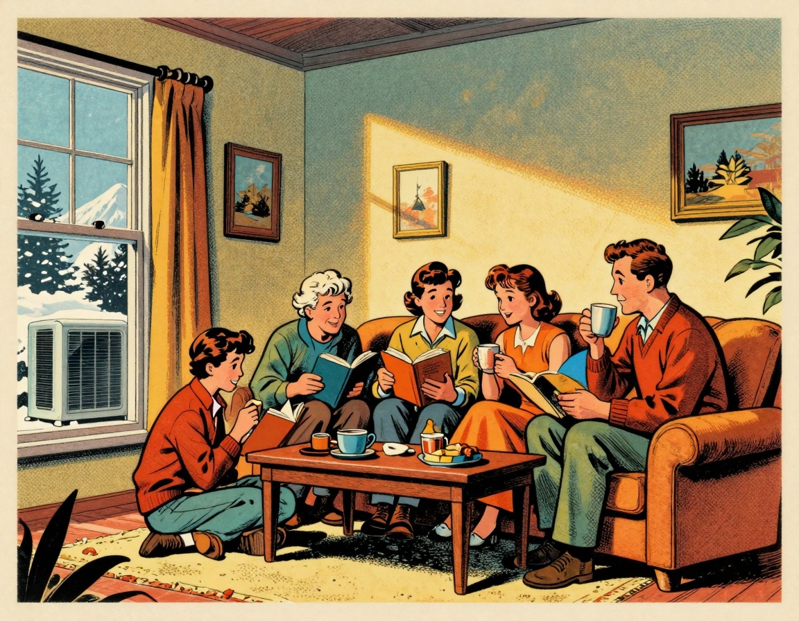 A vintage-style illustration of a cozy Florida home during winter, with a family comfortably enjoying their living room while