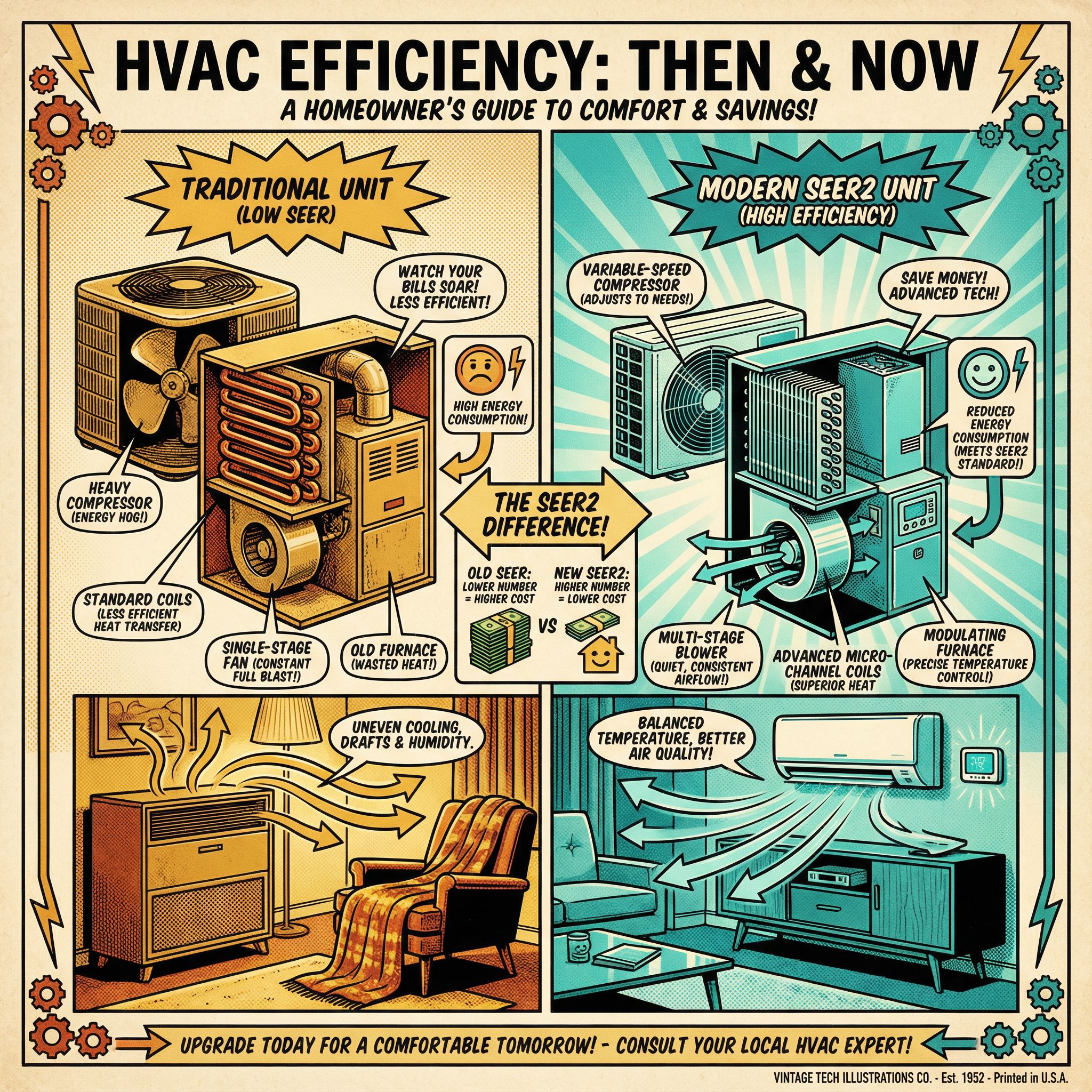 A vintage technical illustration of various HVAC units installed in a residential home, showcasing the difference between a t