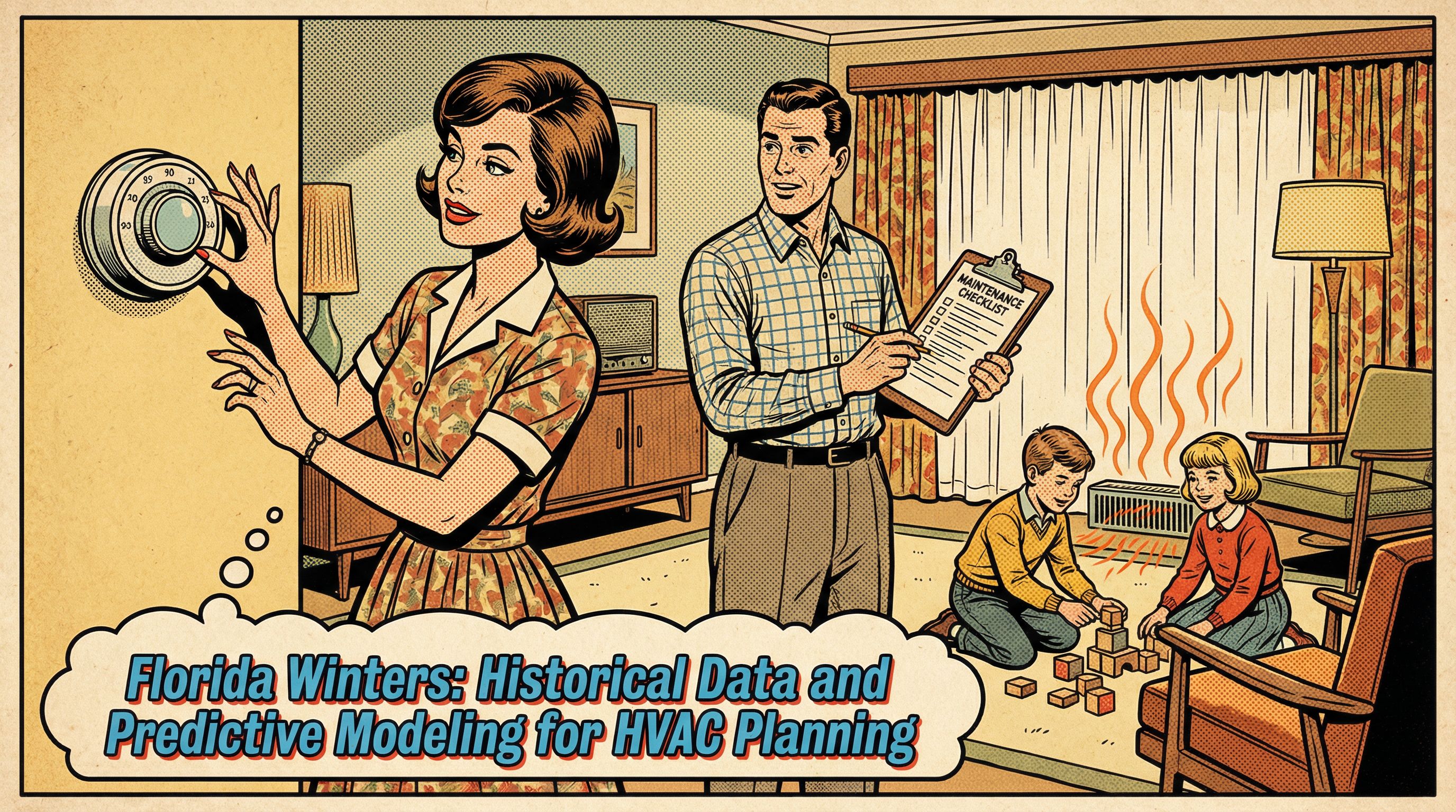 A vintage 1950s-1960s American family gathered around a cozy living room, engaged in a discussion about their HVAC unit