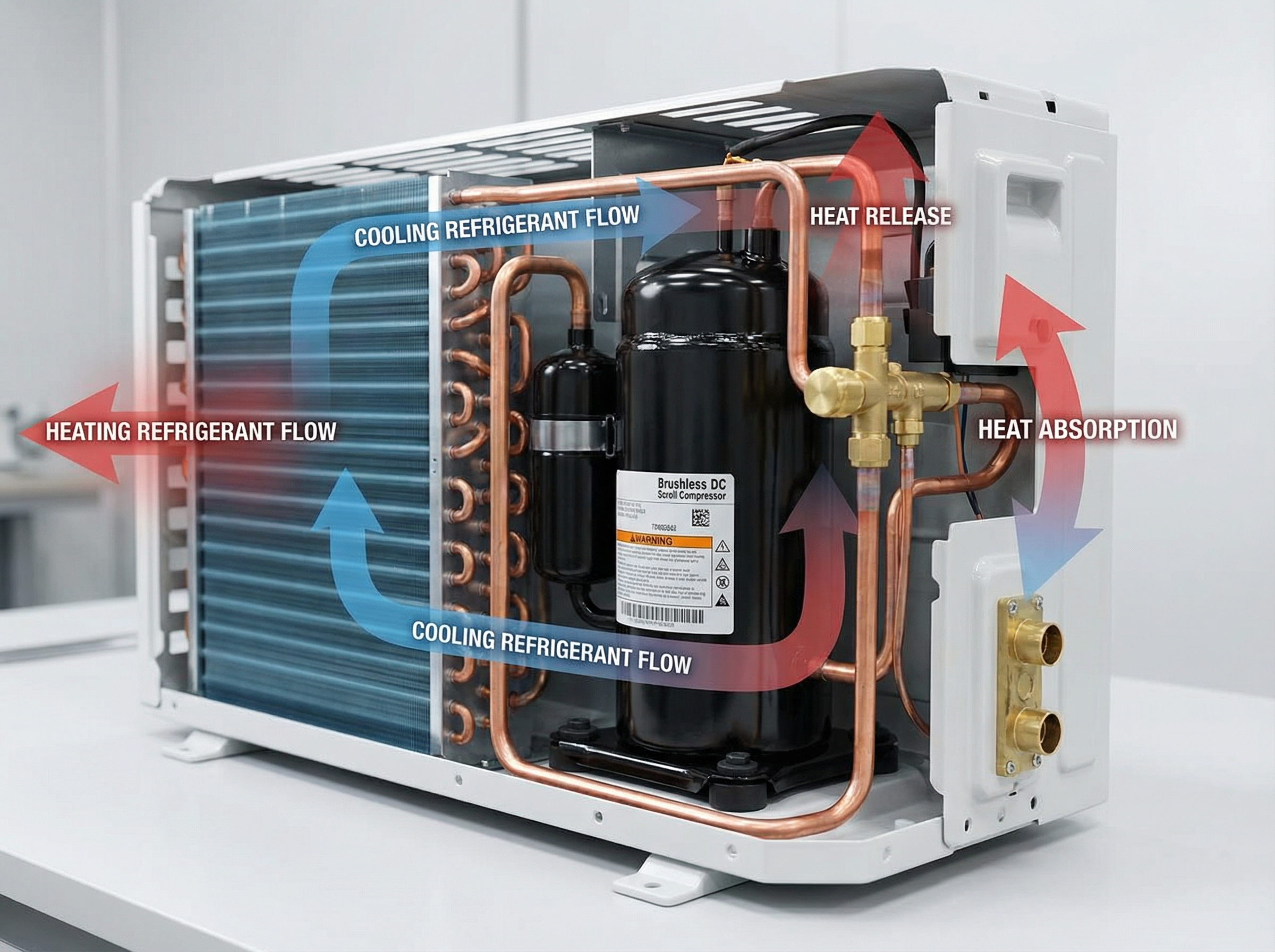A high-quality close-up of the internal components of a mini-split heat pump, featuring the compressor, condenser, and revers