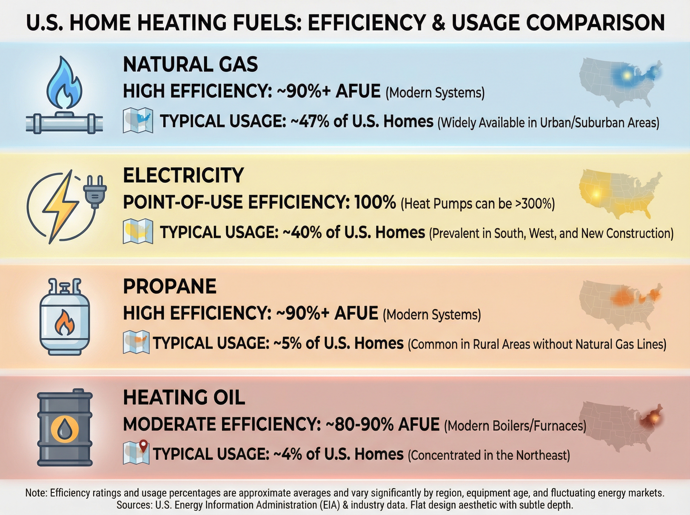 An infographic-style illustration showcasing the types of heating fuels used in U