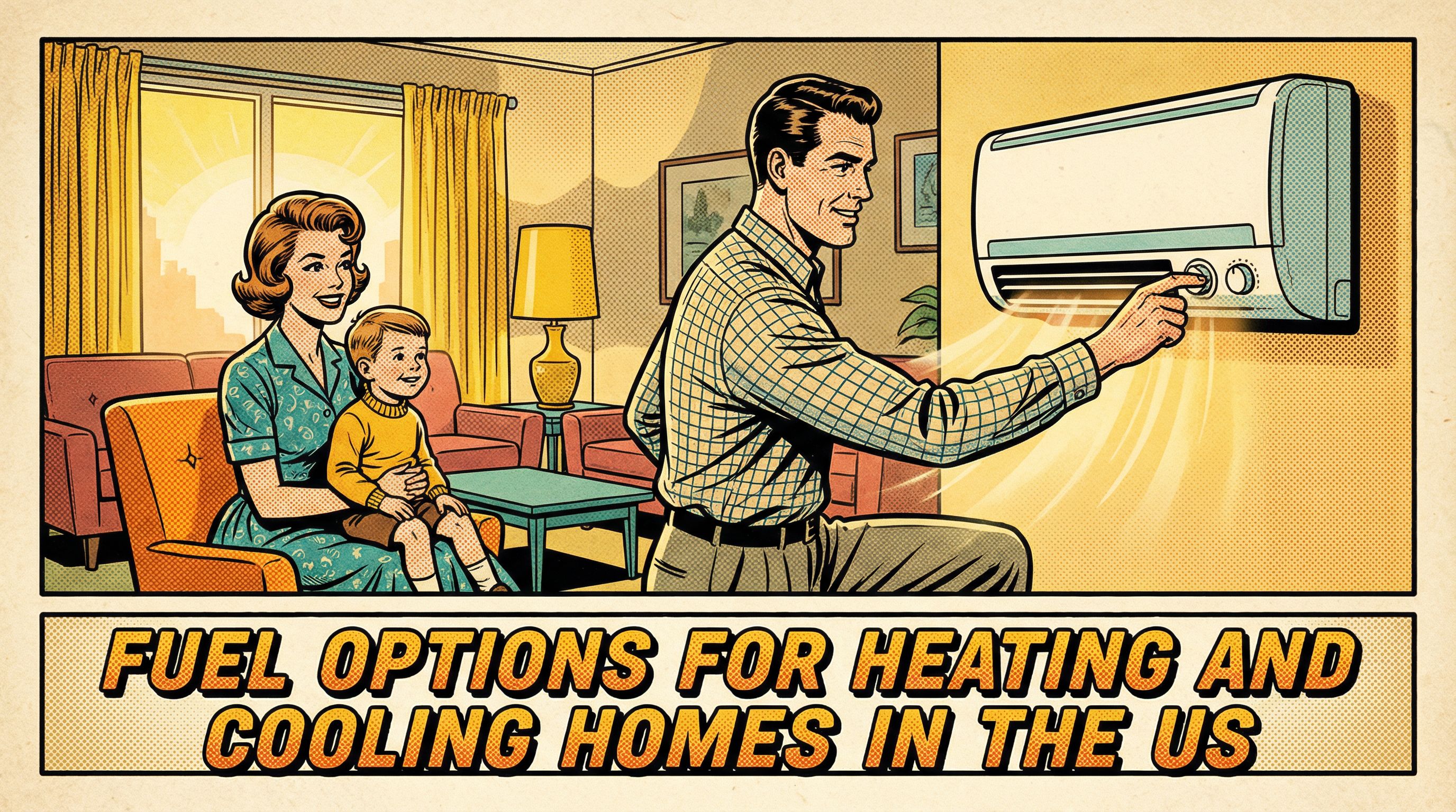 A cozy, mid-century American living room scene showcasing a family gathered around a modern heat pump system in action