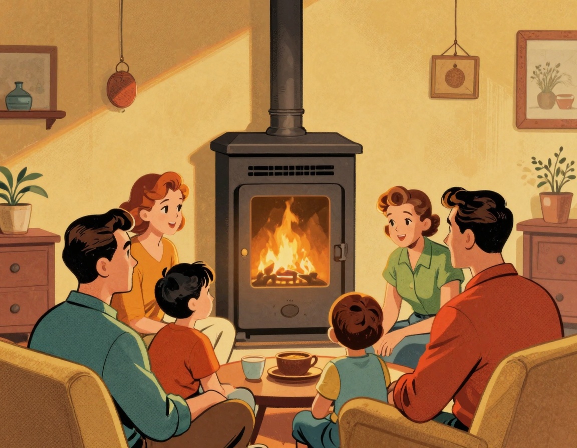 A cozy living room scene featuring a family gathered around a modern gas furnace, showcasing the warmth and comfort of their 