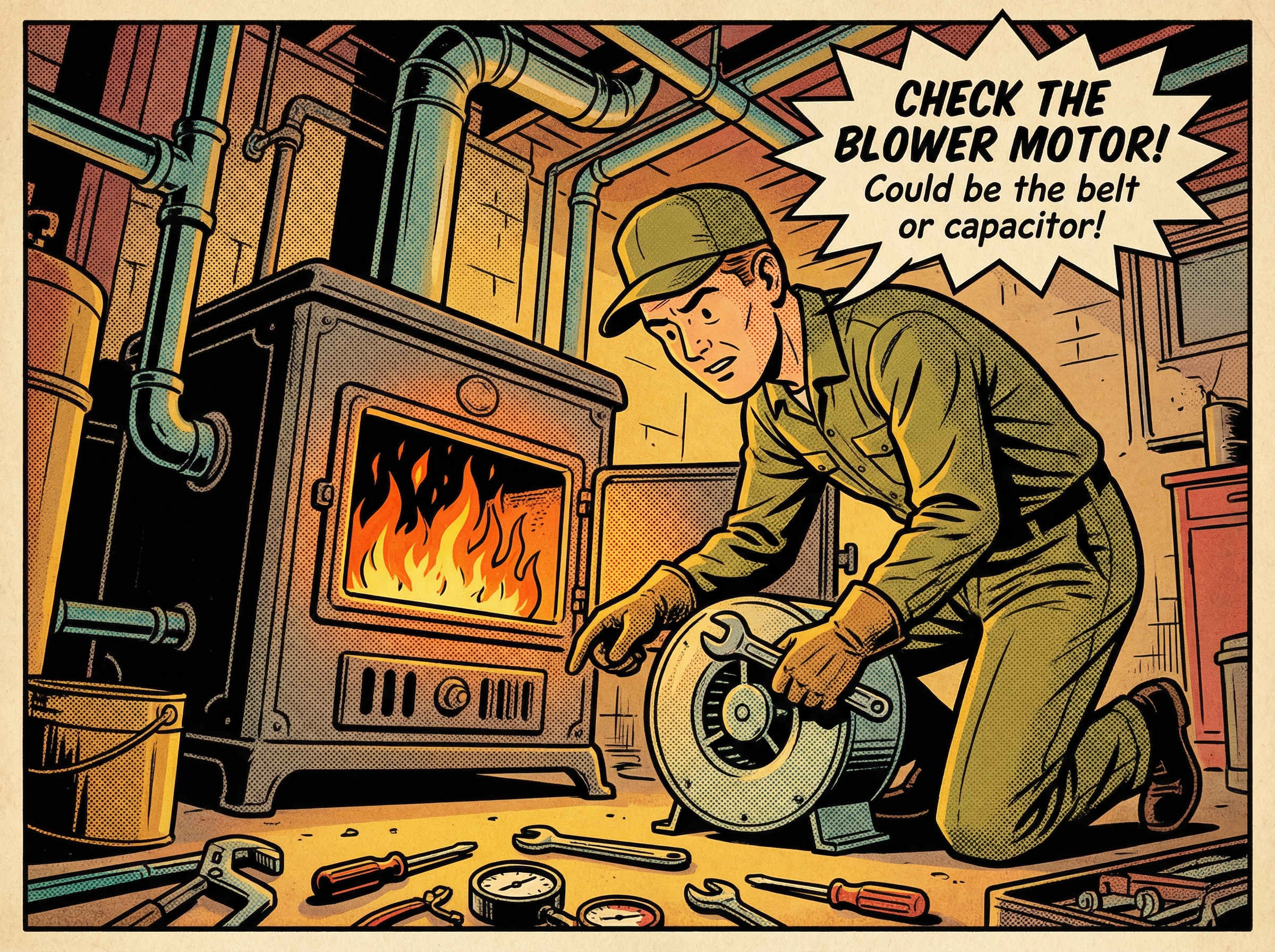 An HVAC technician in a vintage 1950s style uniform is inspecting an old-fashioned furnace located in a basement