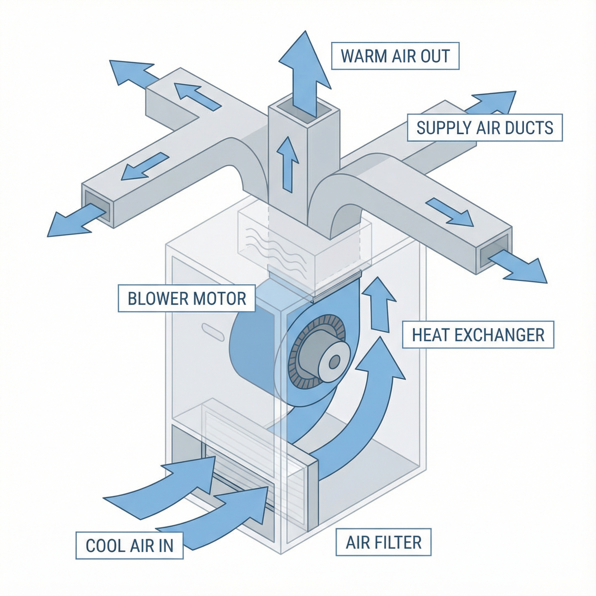 An informative diagram illustrating the internal components of a furnace, particularly focusing on the blower system