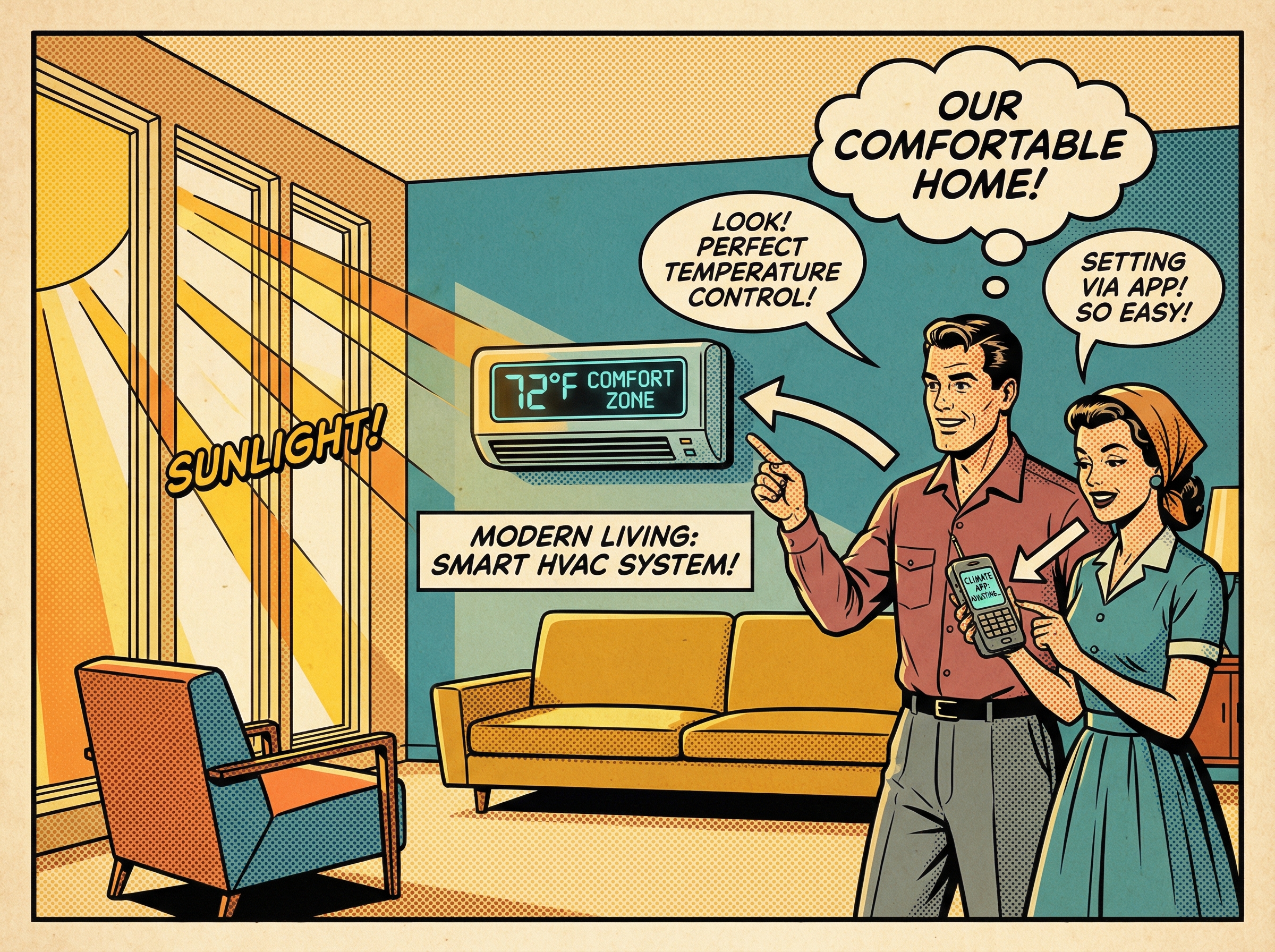 A modern living room featuring a sleek, wall-mounted smart HVAC unit, showcasing its digital control interface