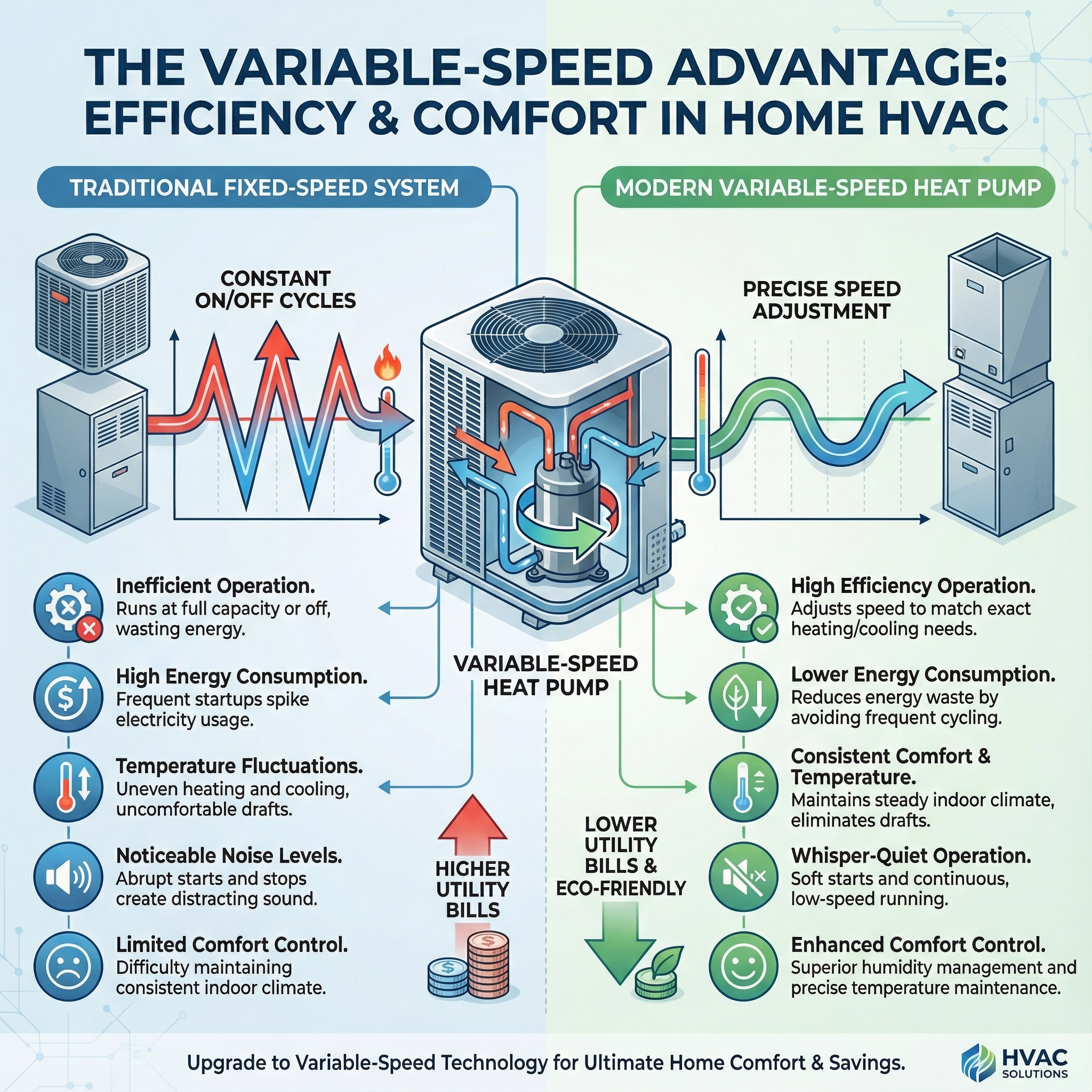 An infographic illustrating the benefits of variable-speed heat pumps in home HVAC systems