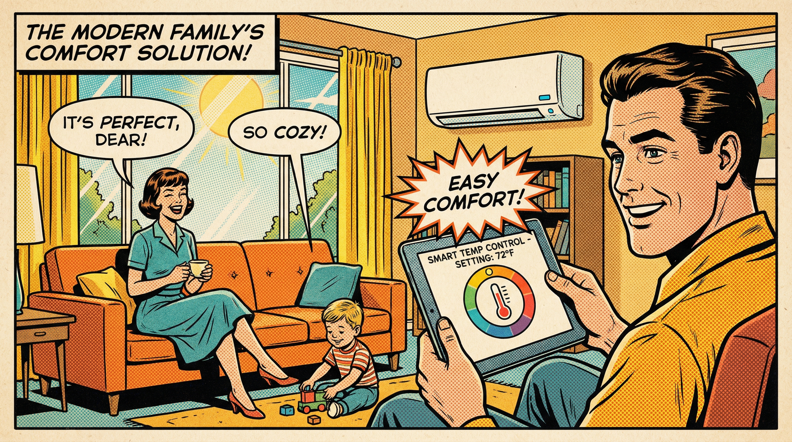 A family in a cozy living room, interacting with a modern HVAC control system on a digital tablet