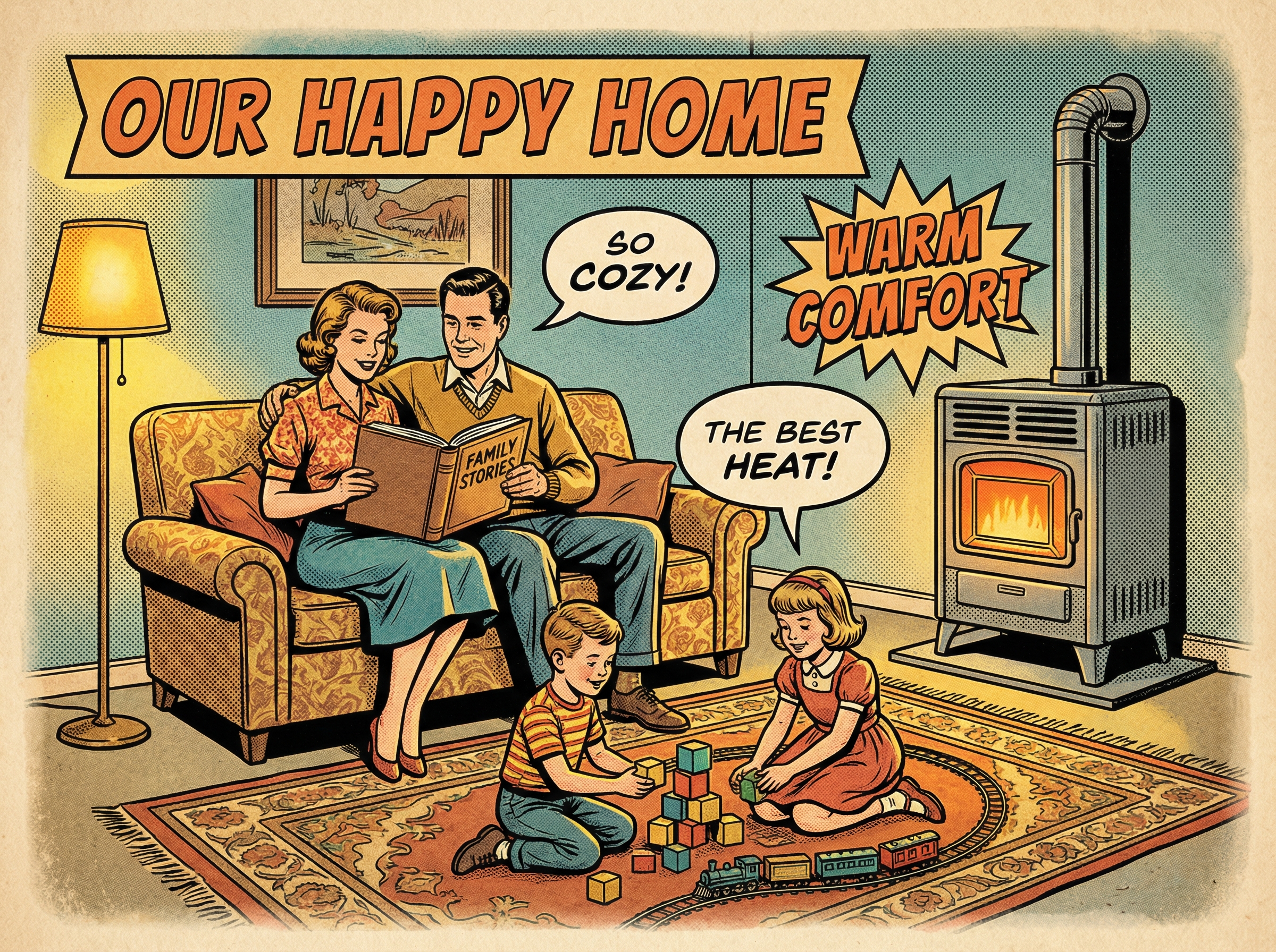 A family gathered comfortably in their living room, showcasing a cozy setting with a gas furnace visible in the background