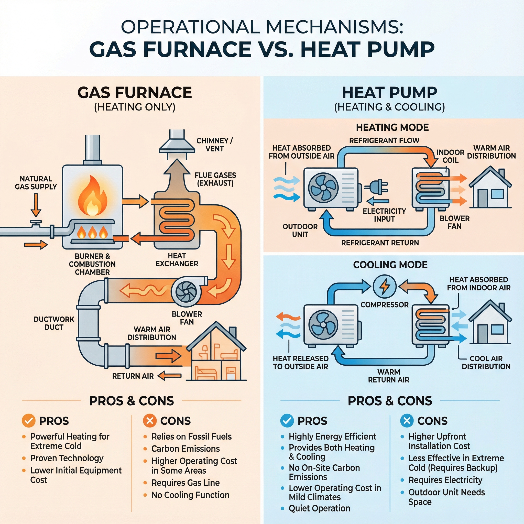 An educational infographic comparing the operational mechanisms of gas furnaces and heat pumps