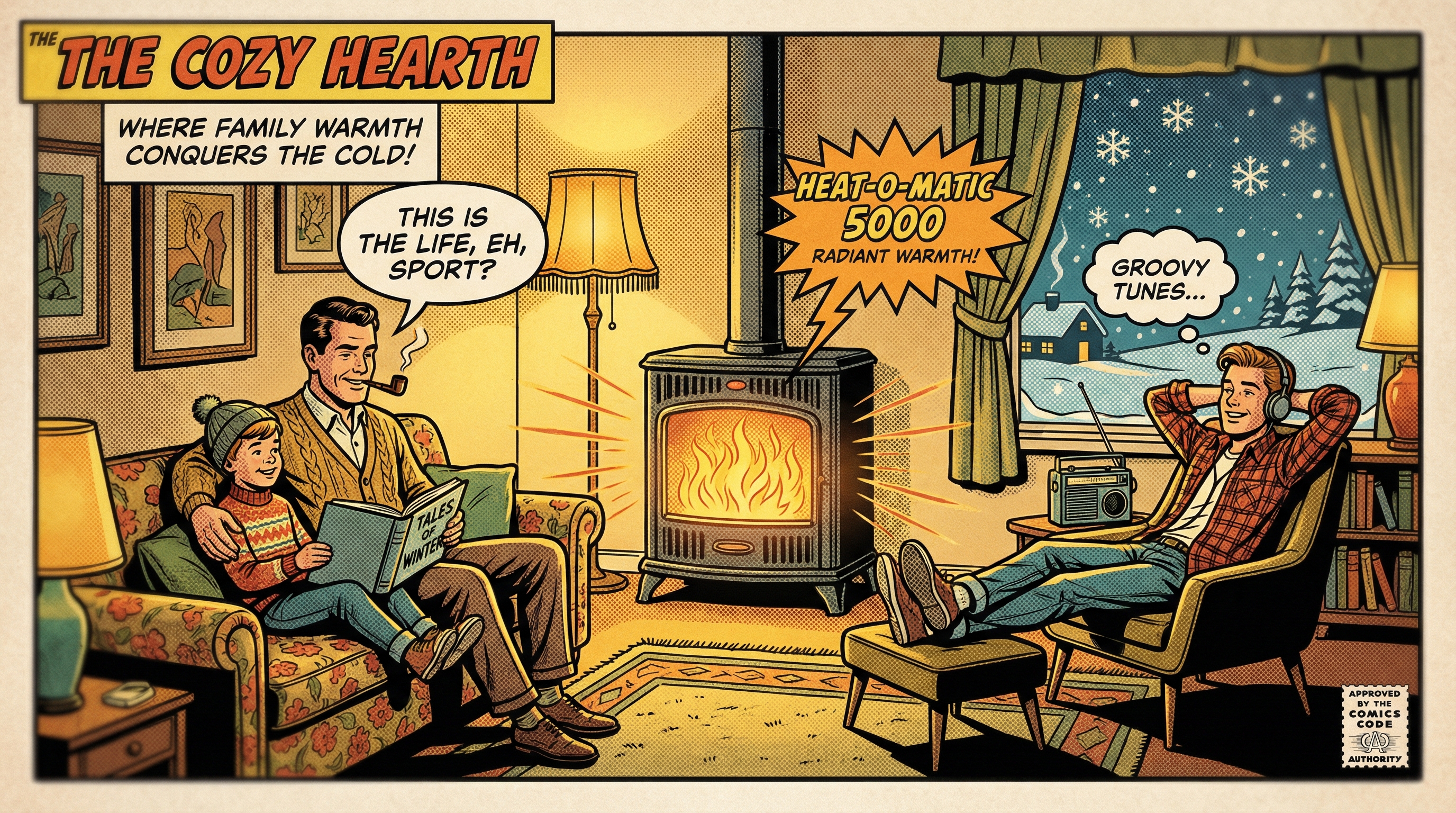 A cozy living room showcasing a family gathered around a vintage gas furnace, radiating warmth during a snowy winter evening