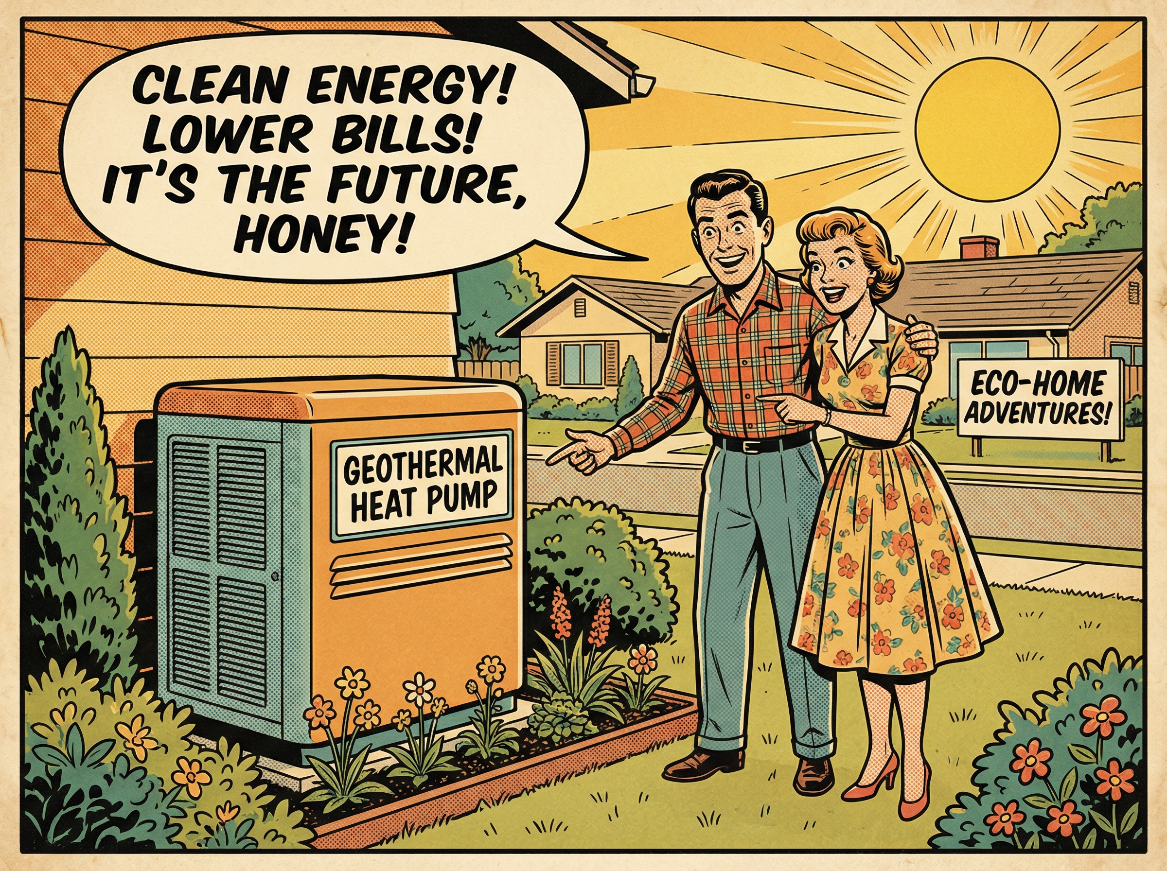 A smiling couple standing in the front yard of their suburban home, inspecting the installation of a geothermal heat pump