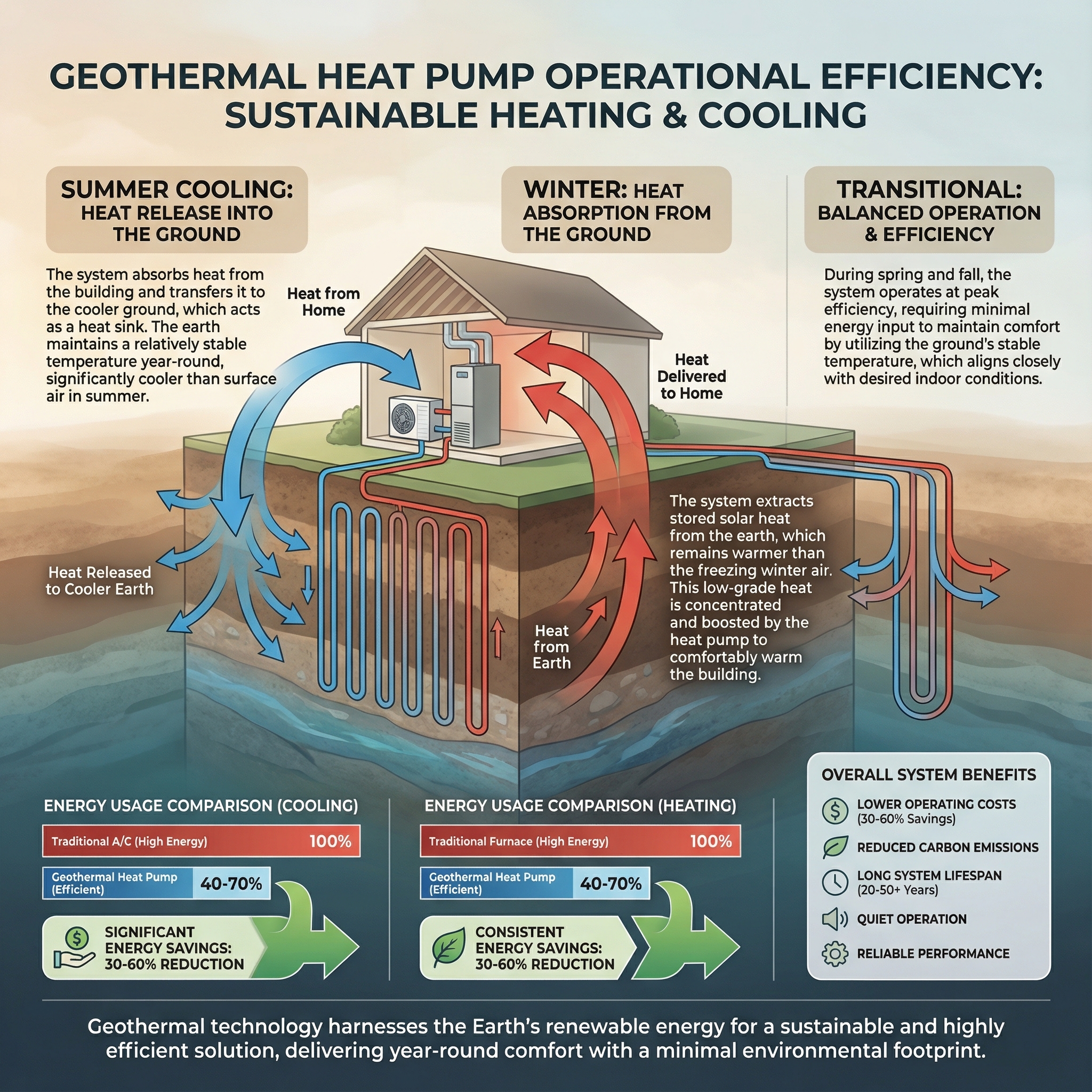 An educational infographic illustrating the operational efficiency of geothermal heat pumps