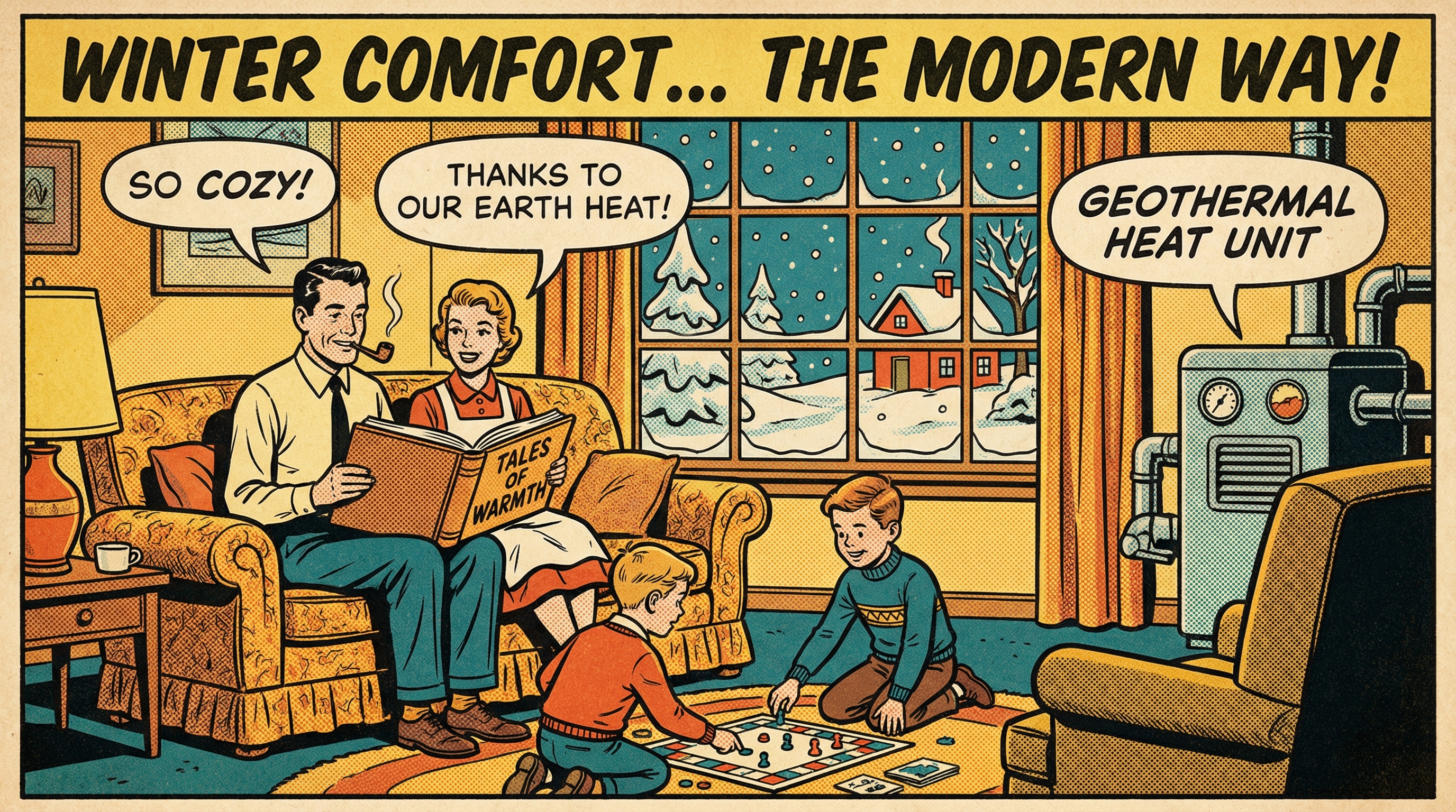 A family enjoys a cozy living room during winter, with a geothermal heat pump unit subtly visible in the background