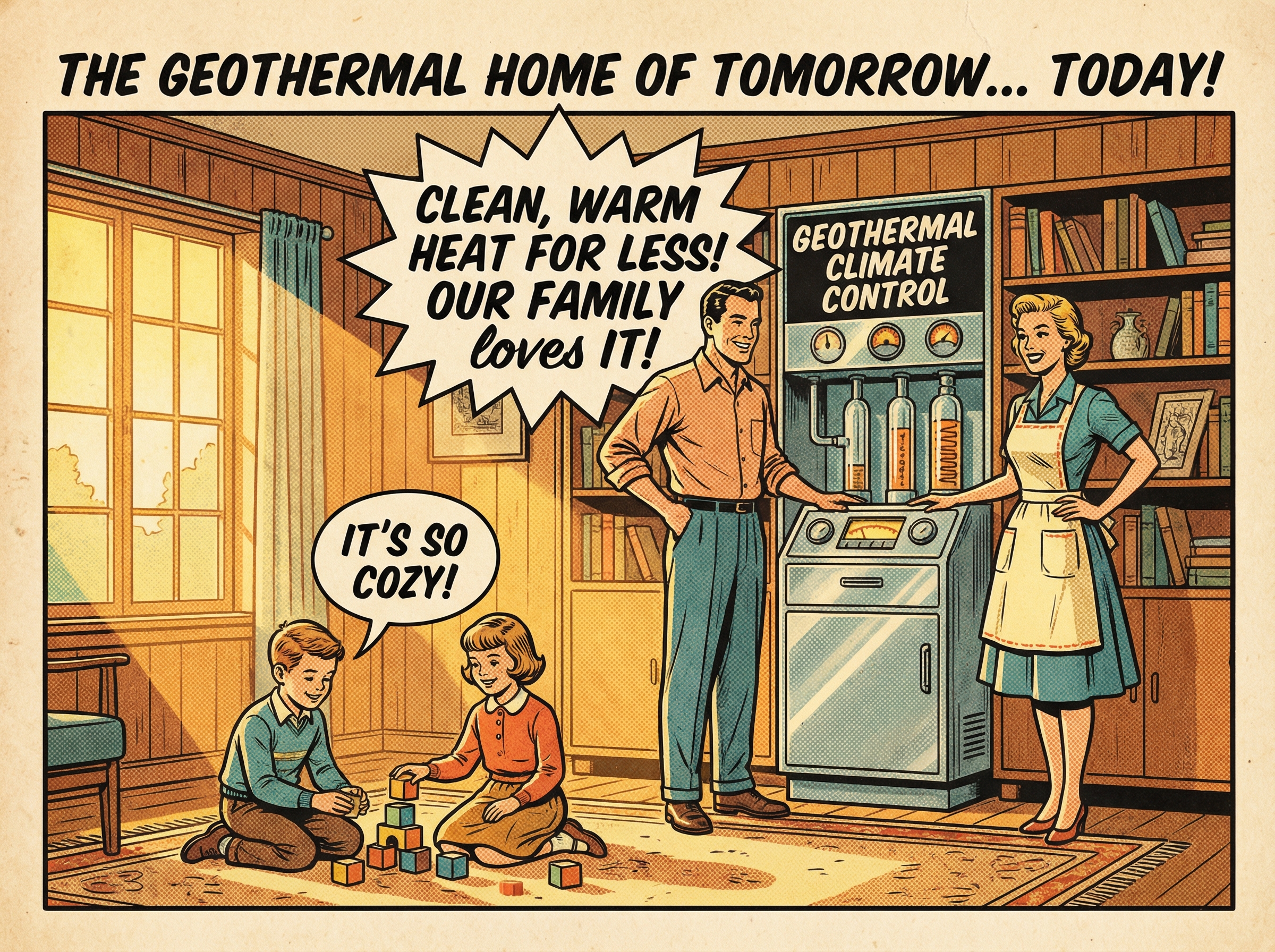 A family gathered around a geothermal heating system in their living room, showcasing a modern and cozy home environment