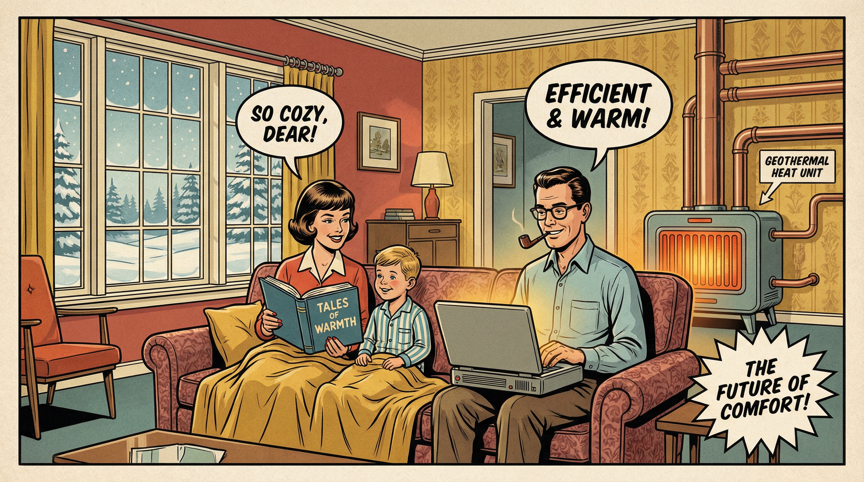 A family sits comfortably in their living room, enjoying the warmth of a stylish geothermal heating system