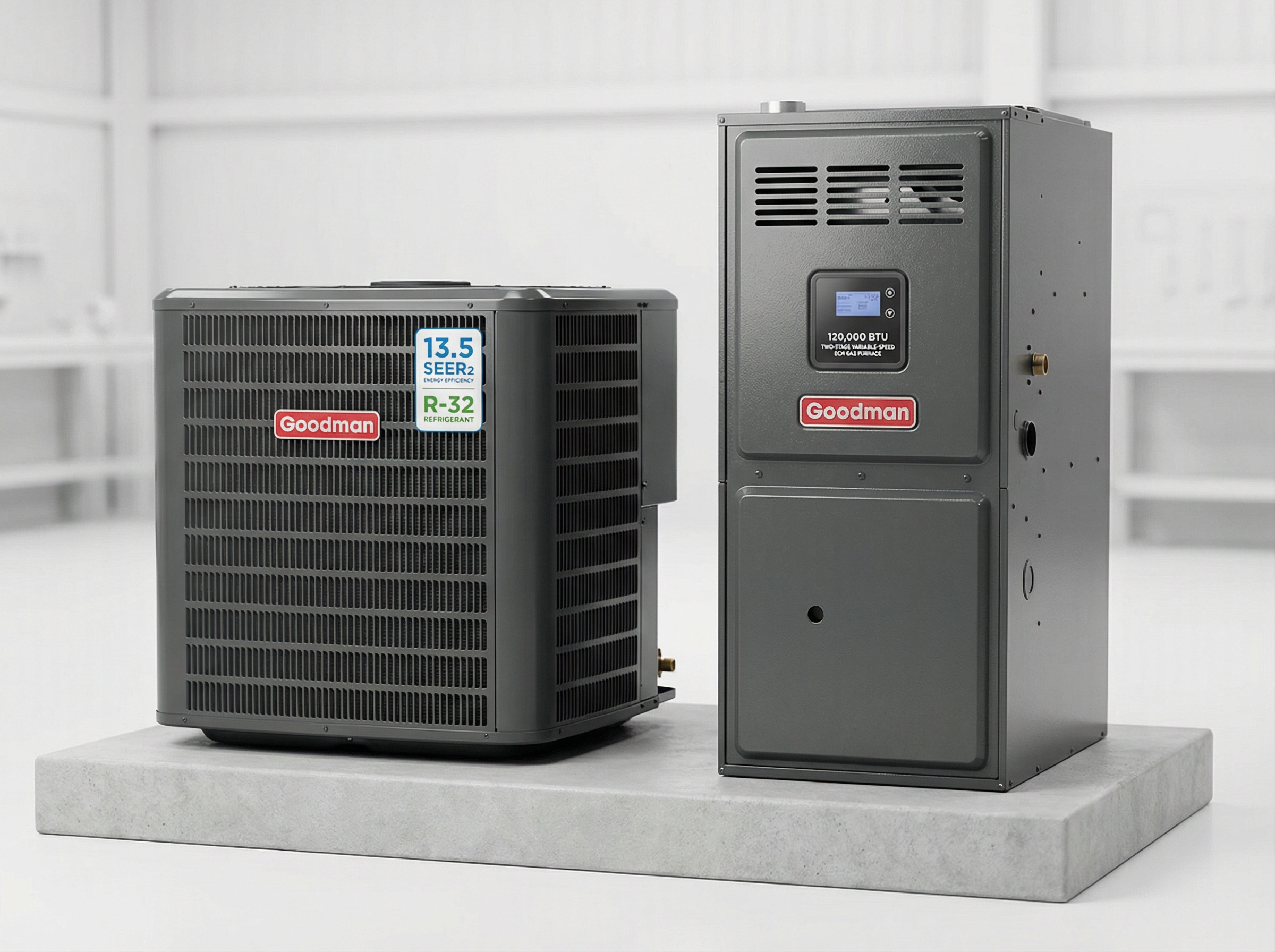 A high-quality product image of the Goodman 4-ton 13 featuring Goodman 4-ton AC and 120000 BTU furnace