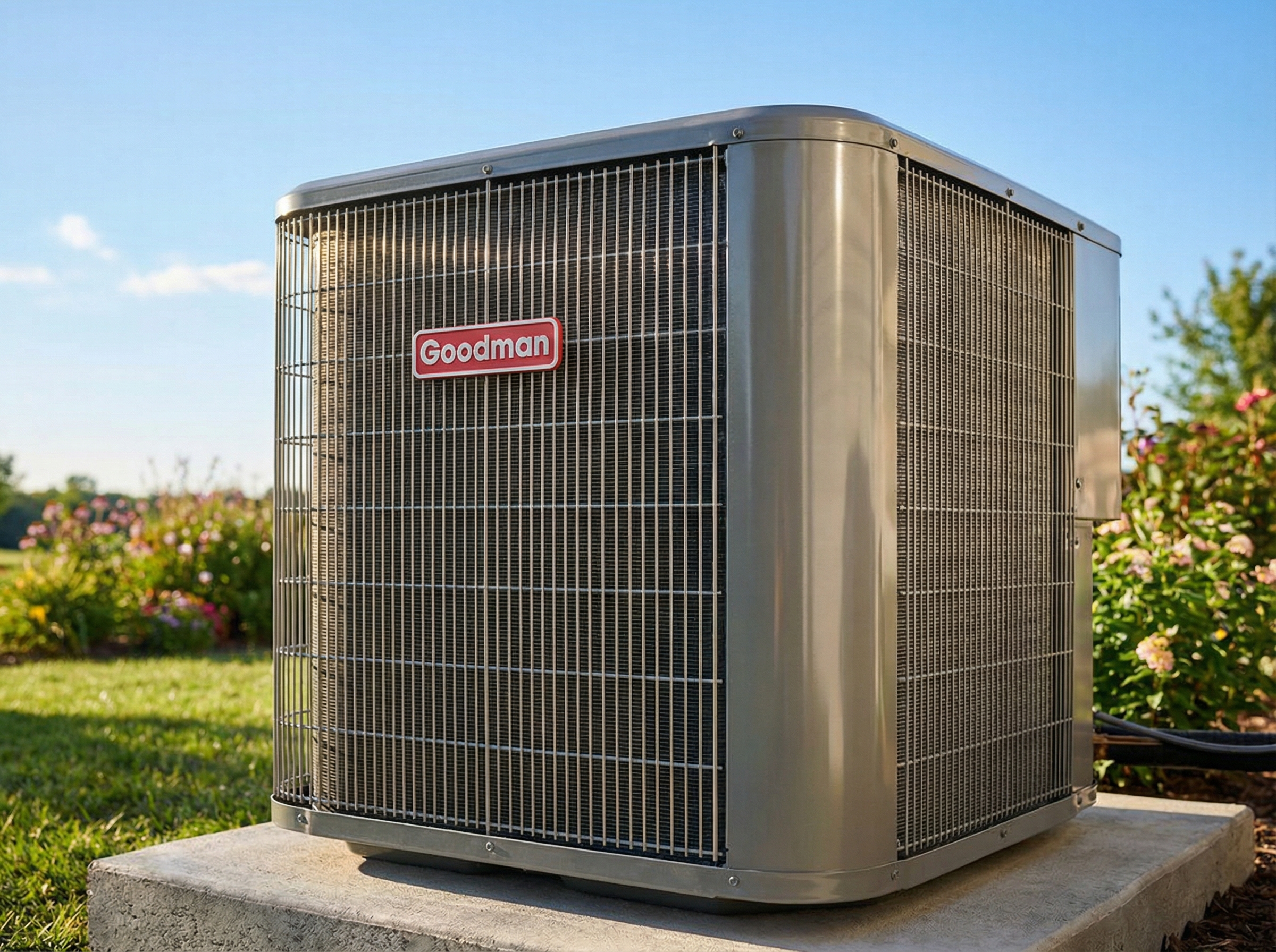 A close-up view of a Goodman air conditioning unit installed in a residential setting