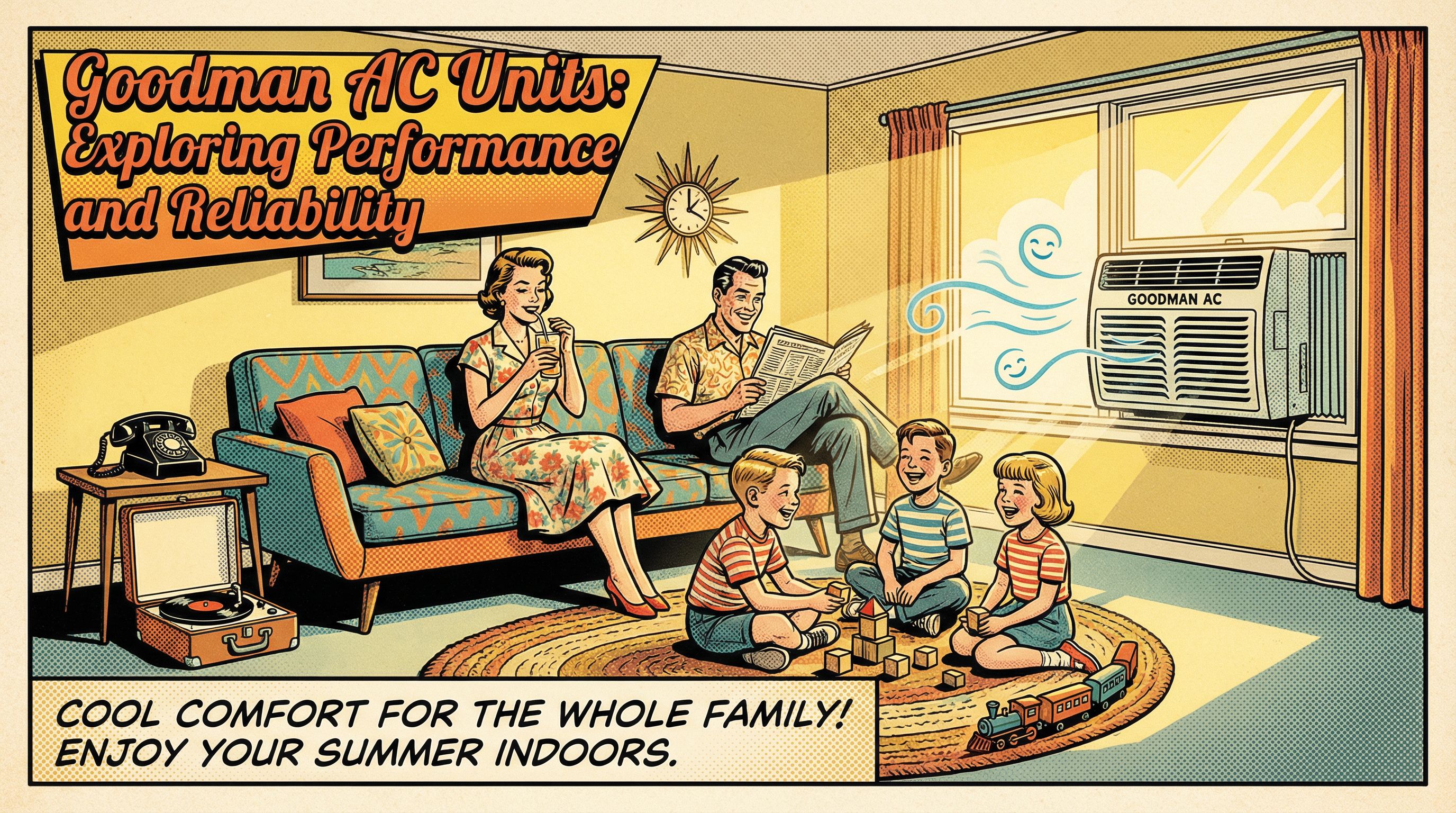A mid-century American family enjoying a comfortable living room in the summer, with a vintage Goodman air conditioning unit 