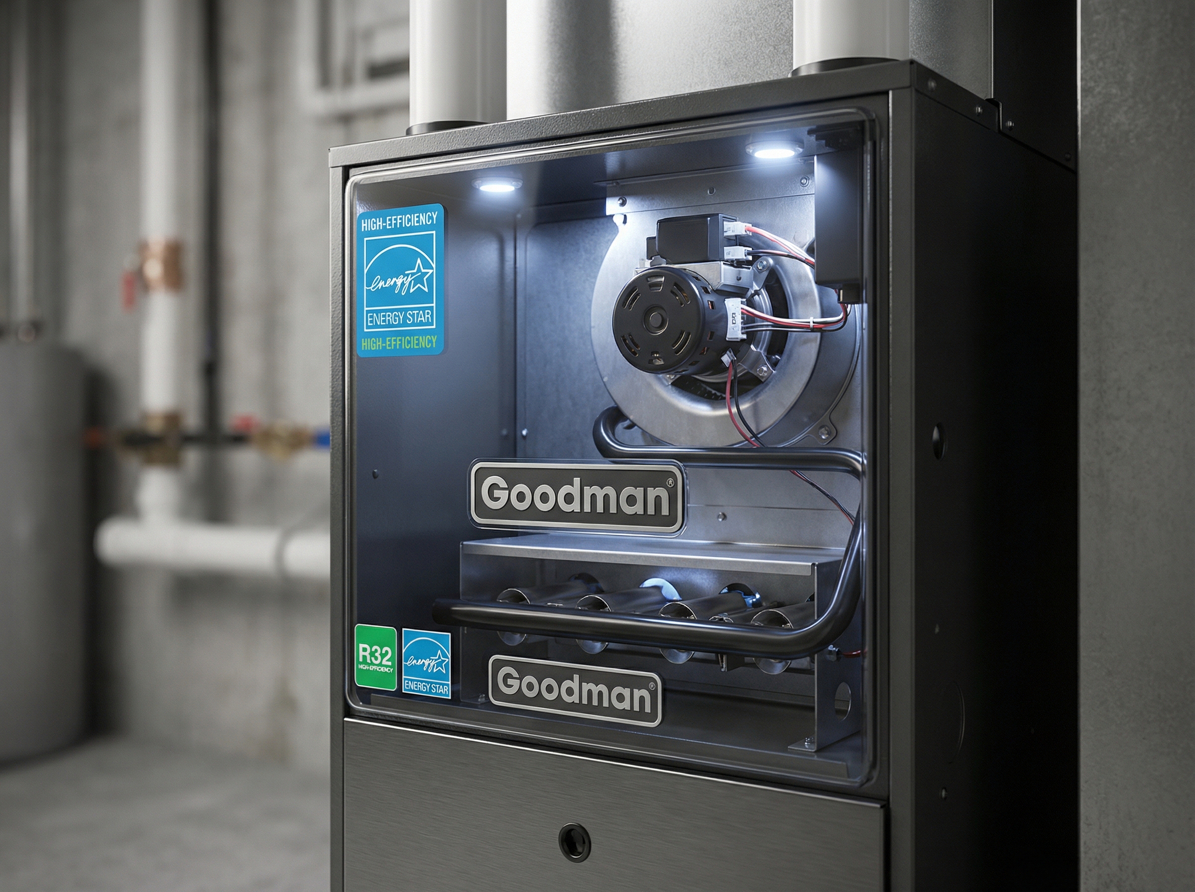 A close-up of the Goodman R32 furnace showcasing its sleek design with focus on the two-stage burner system