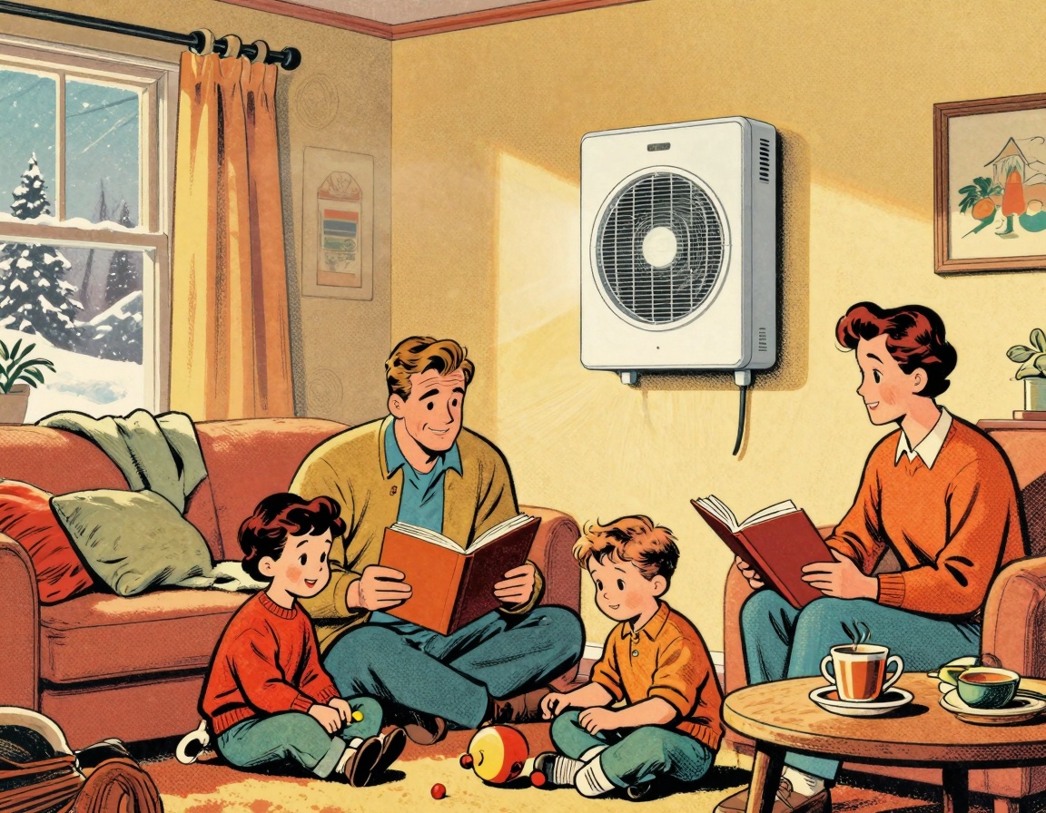 A cozy living room scene showcasing a family gathered around a modern electric heat pump during winter