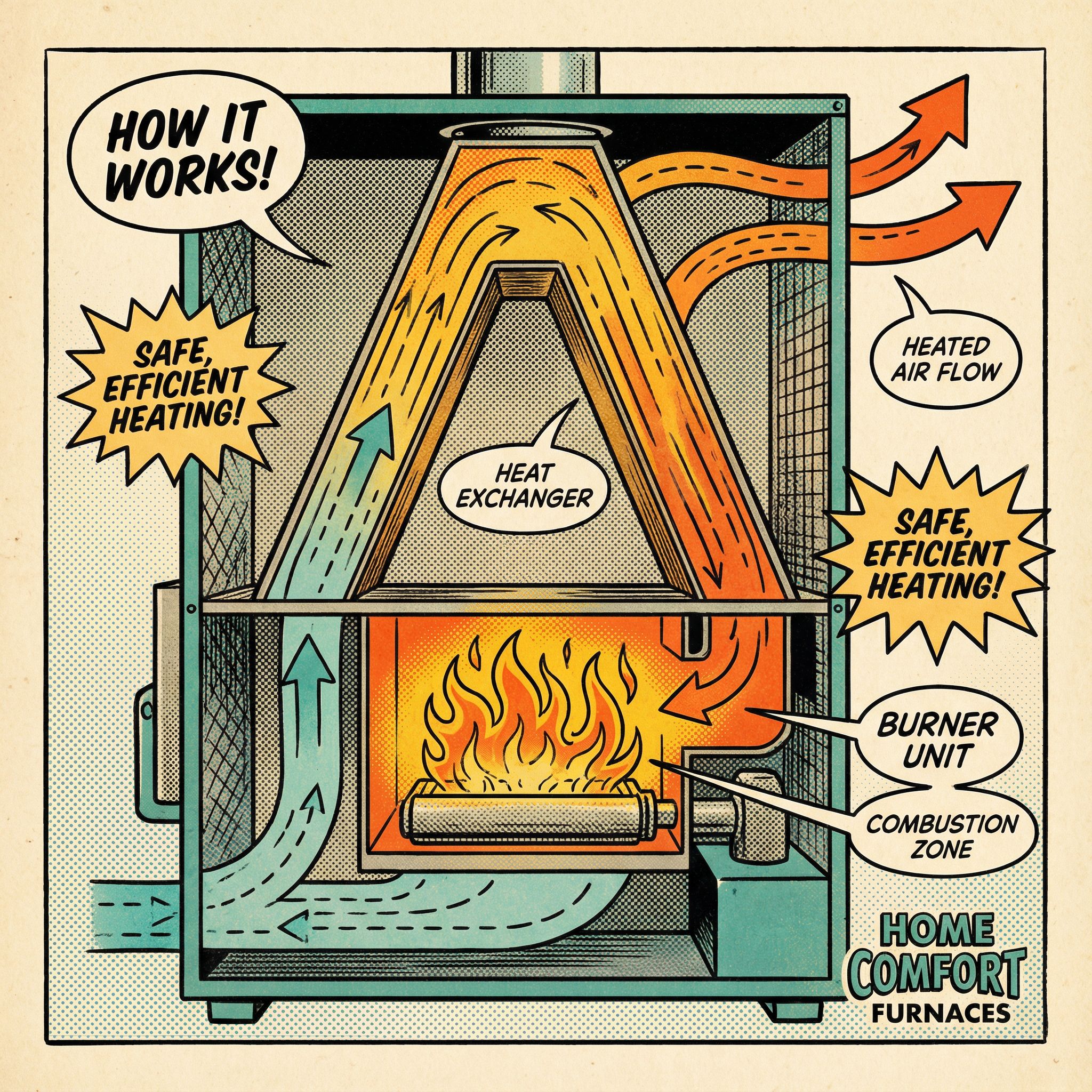 A cross-section view of a combustion furnace showcasing its internal components featuring furnace cross-section and combustio