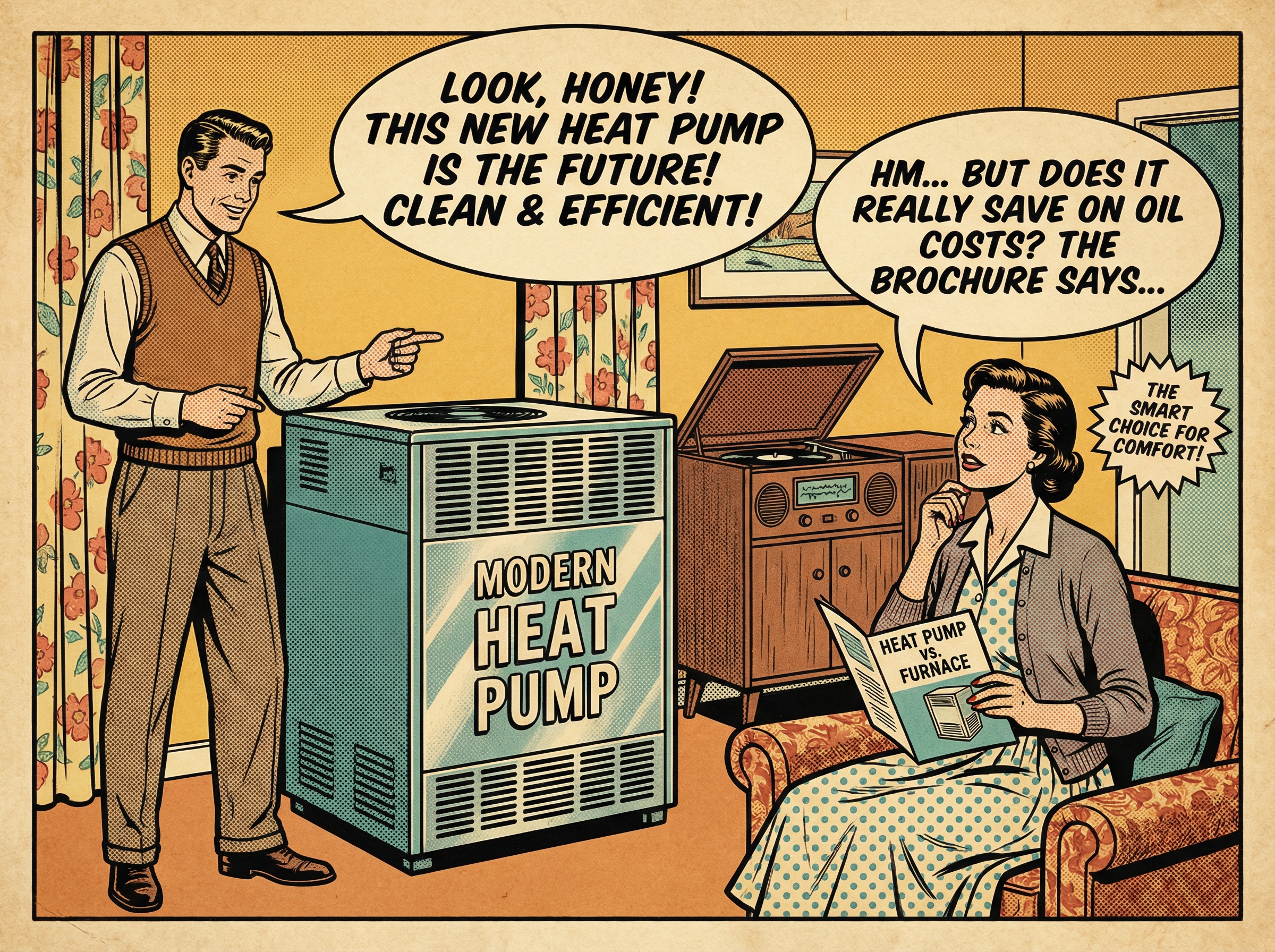 A vintage 1950s-style family scene showing a couple in their cozy living room discussing their options for home heating