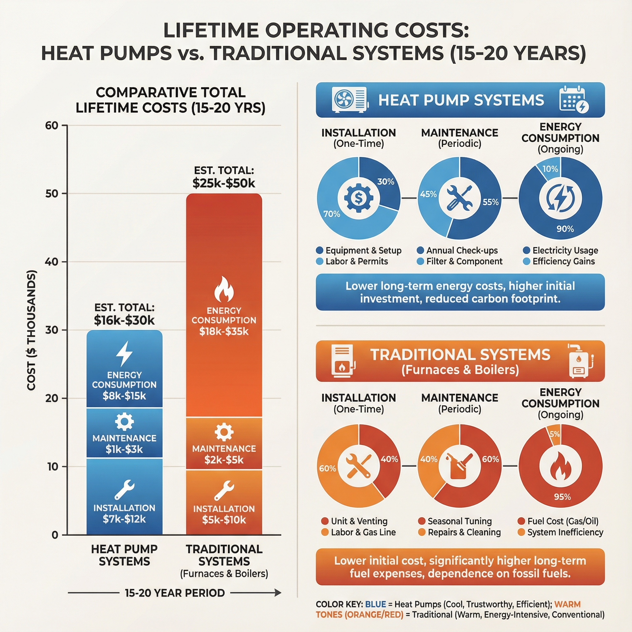 An infographic comparing the lifetime operating costs of heat pumps versus traditional heating systems such as furnaces and b