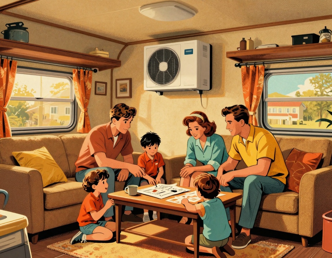 A cozy mobile home living space featuring a ductless mini-split heat pump mounted on the wall