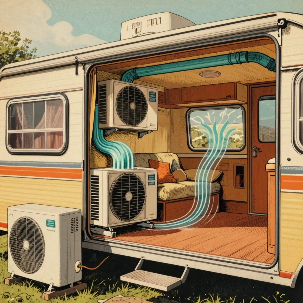 A cutaway view of a mobile home showcasing various heating and cooling systems, including a ductless mini-split and a portabl