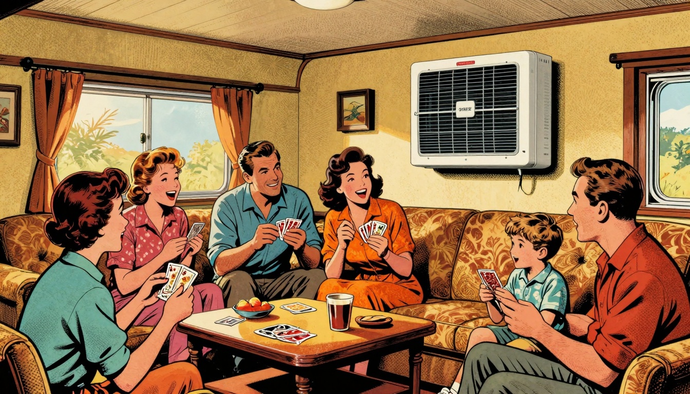 A vintage American family gathered in a cozy mobile home living room, showcasing the use of a ductless mini-split heating and