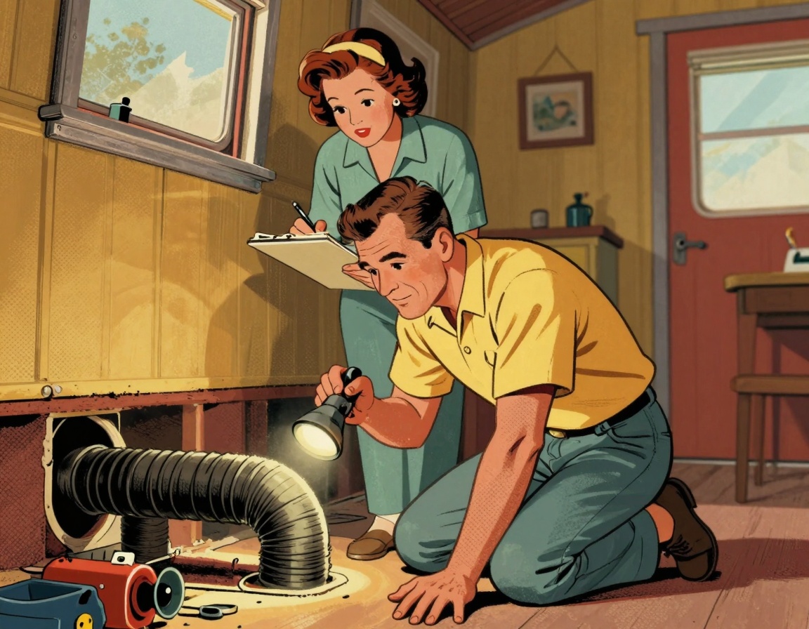 A middle-aged couple inspecting their mobile home's ductwork in the utility area