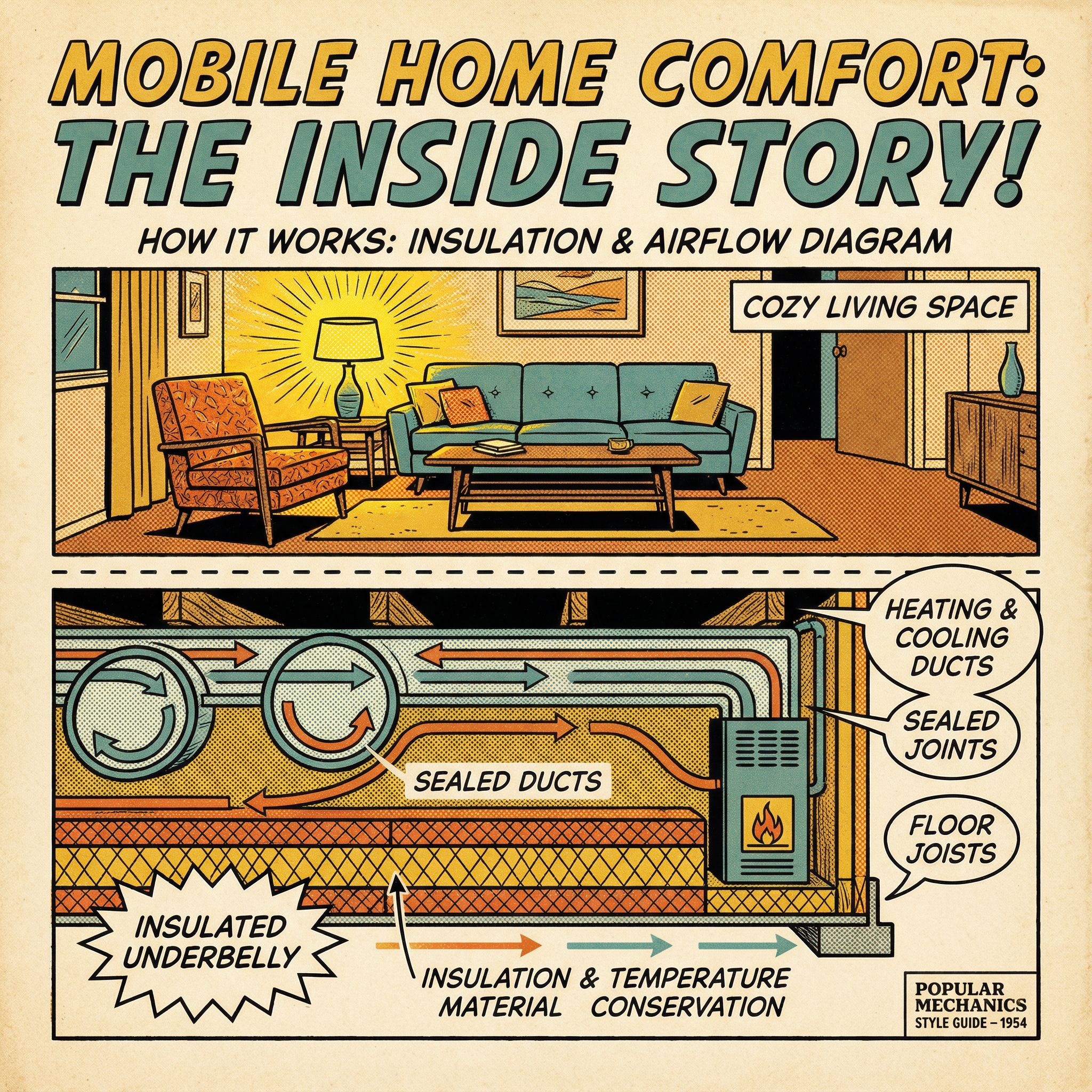 A cross-section view of a mobile home highlighting the insulated underbelly and sealed ducts