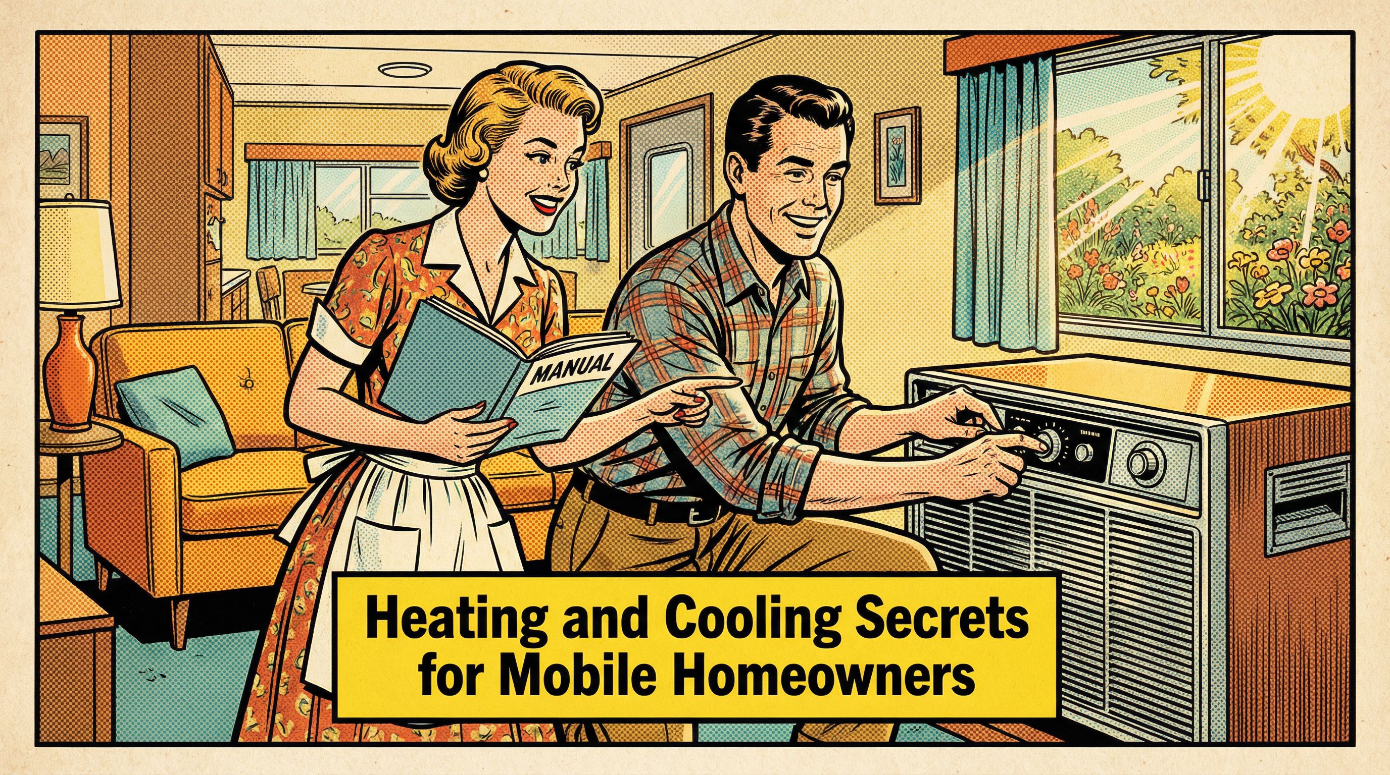 A cheerful couple in their cozy mobile home, happily adjusting their new HVAC system