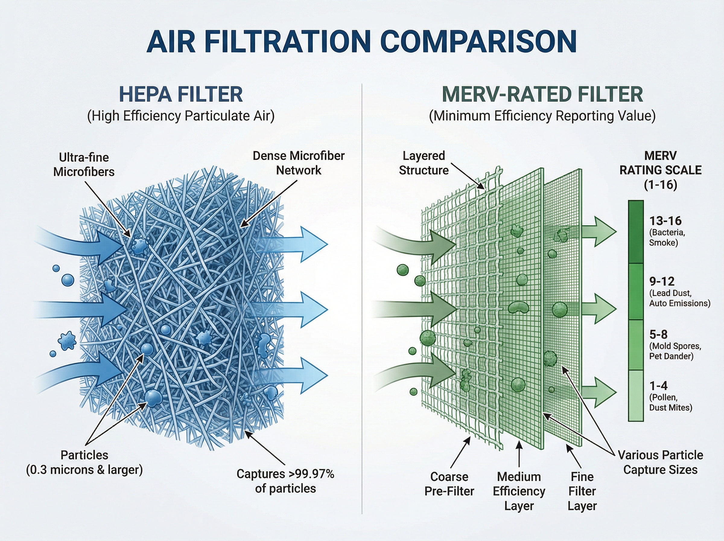 A close-up image of HEPA and MERV filters side by side, showcasing their differences in particle capture capability