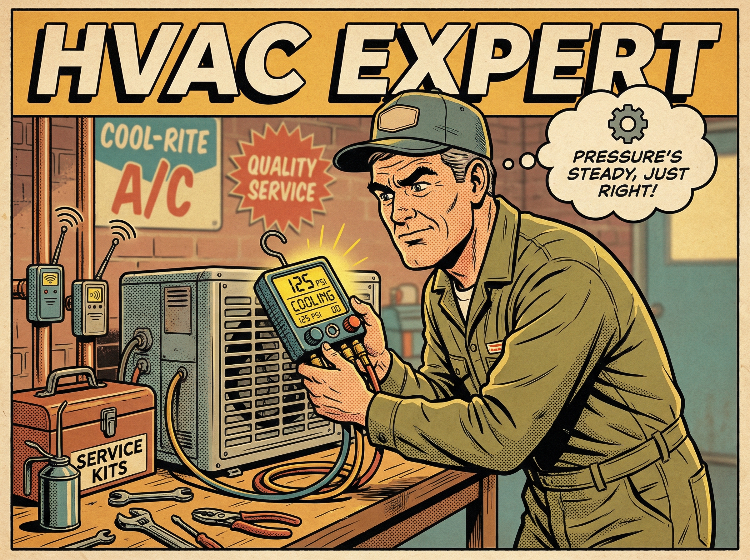 A skilled HVAC technician in a vintage-styled work environment is using a digital manifold gauge with wireless probes to meas