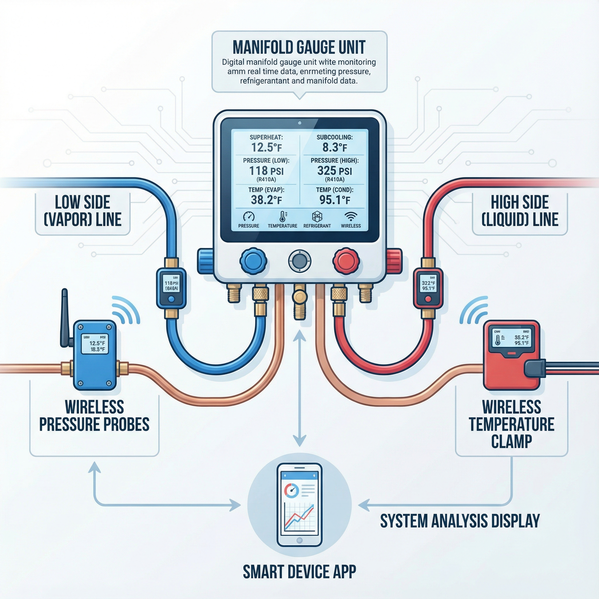 An informative diagram showcasing the functionality of digital manifold gauges and wireless probes used in HVAC systems