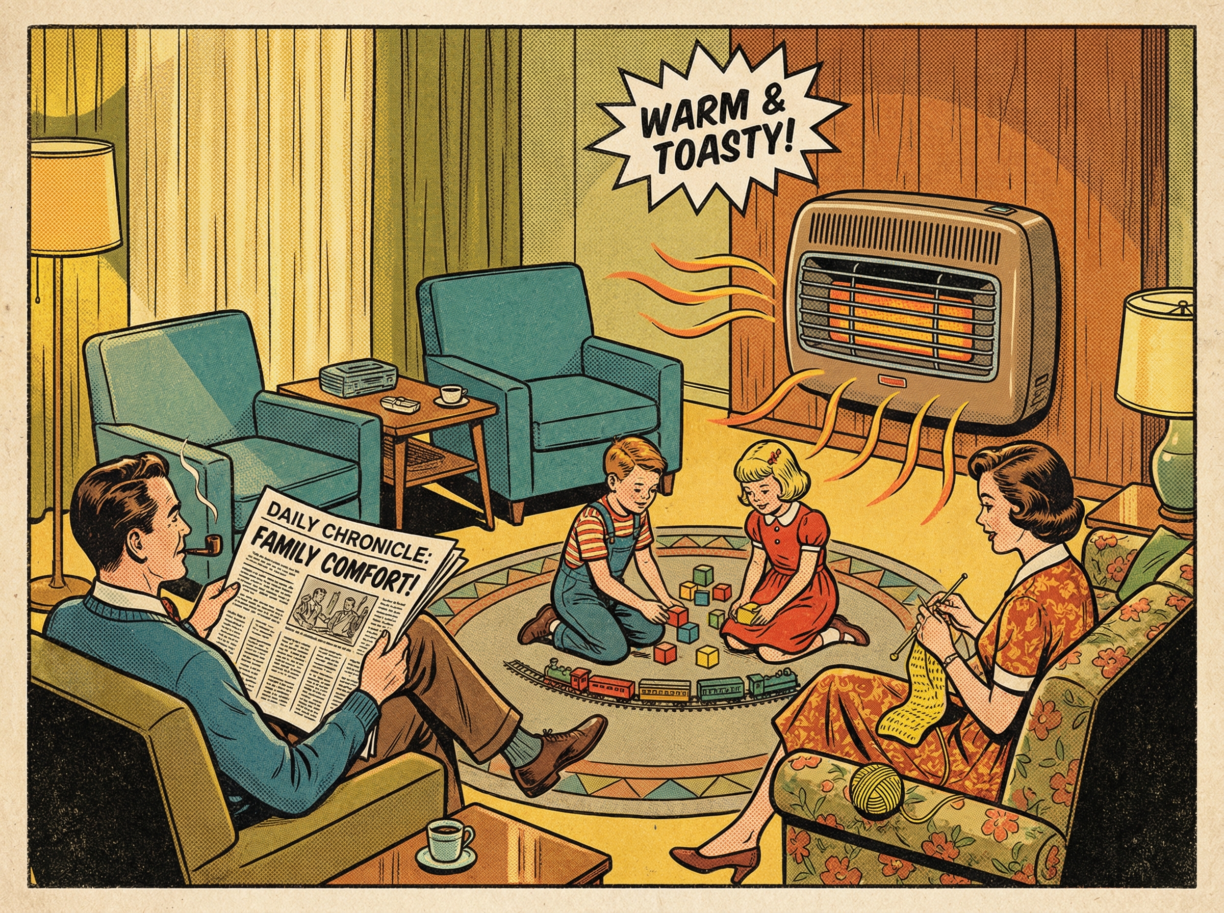 A mid-century American family gathered in their cozy living room, relaxing while their horizontal furnace is prominently disp