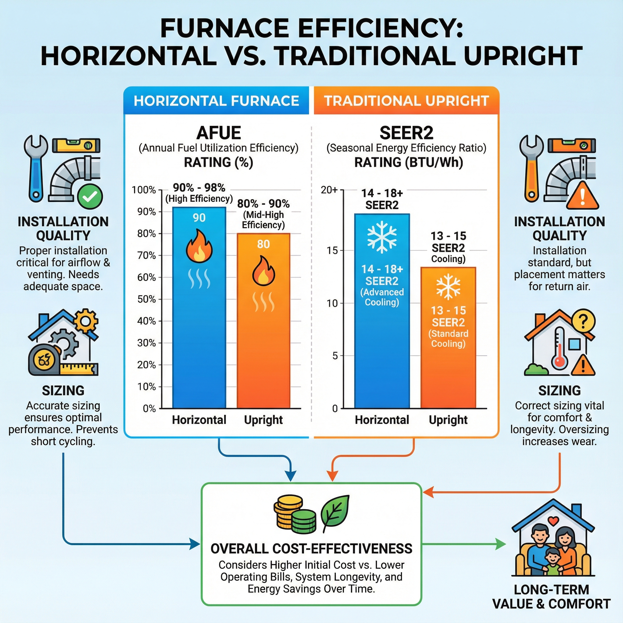 An informative infographic comparing the efficiency ratings of horizontal and traditional upright furnaces