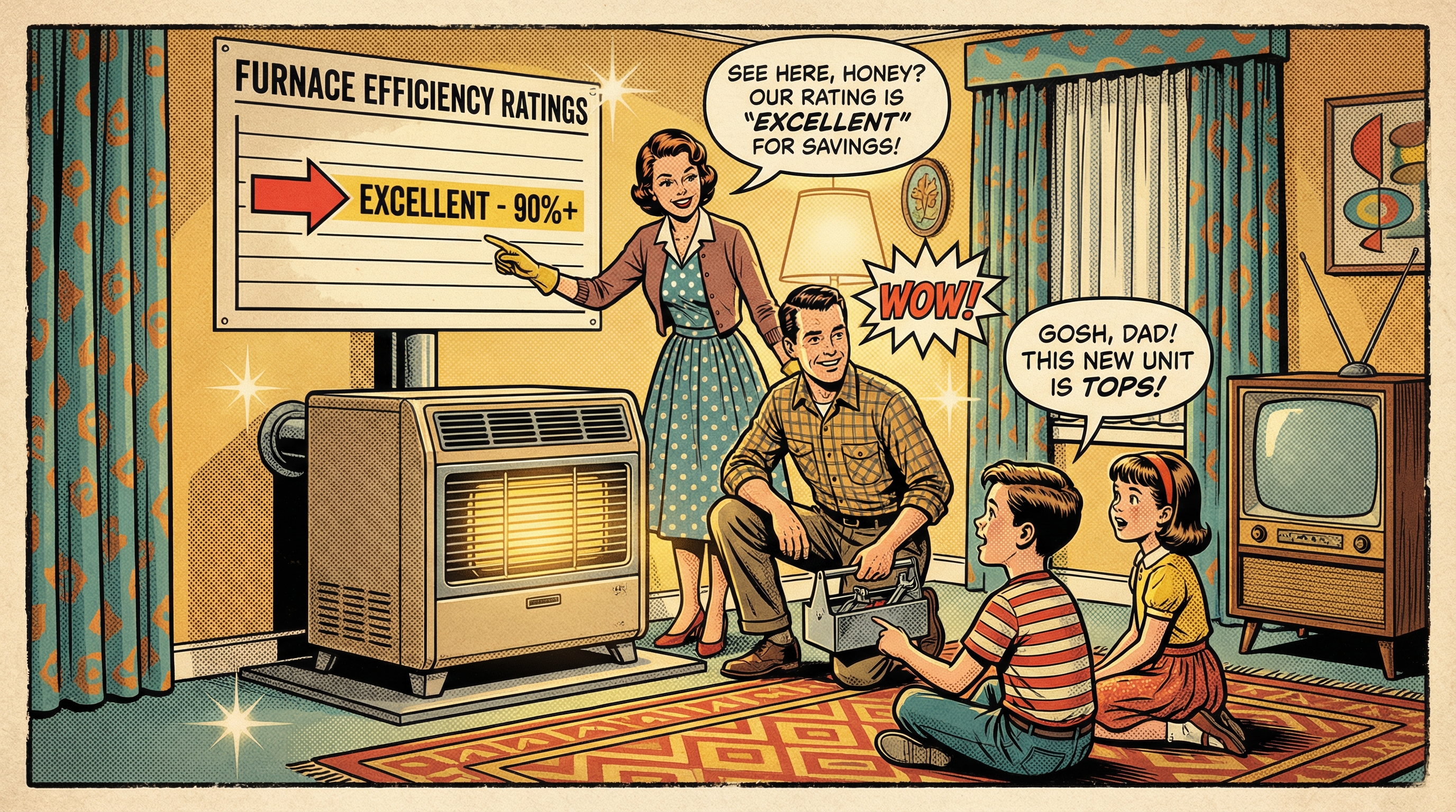 A mid-20th century American family gathered around a vintage horizontal furnace in a cozy, warmly-lit living room