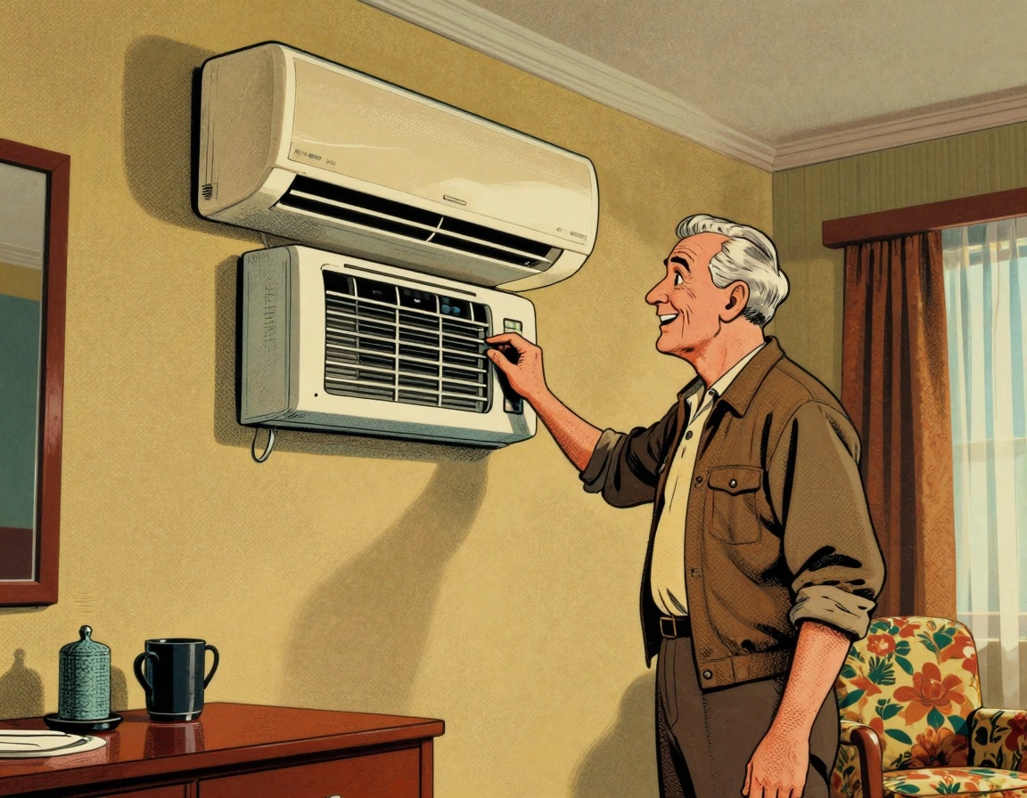 A vintage-style hotel room featuring a wall-mounted air conditioning unit, with a cheerful hotel guest inspecting the control