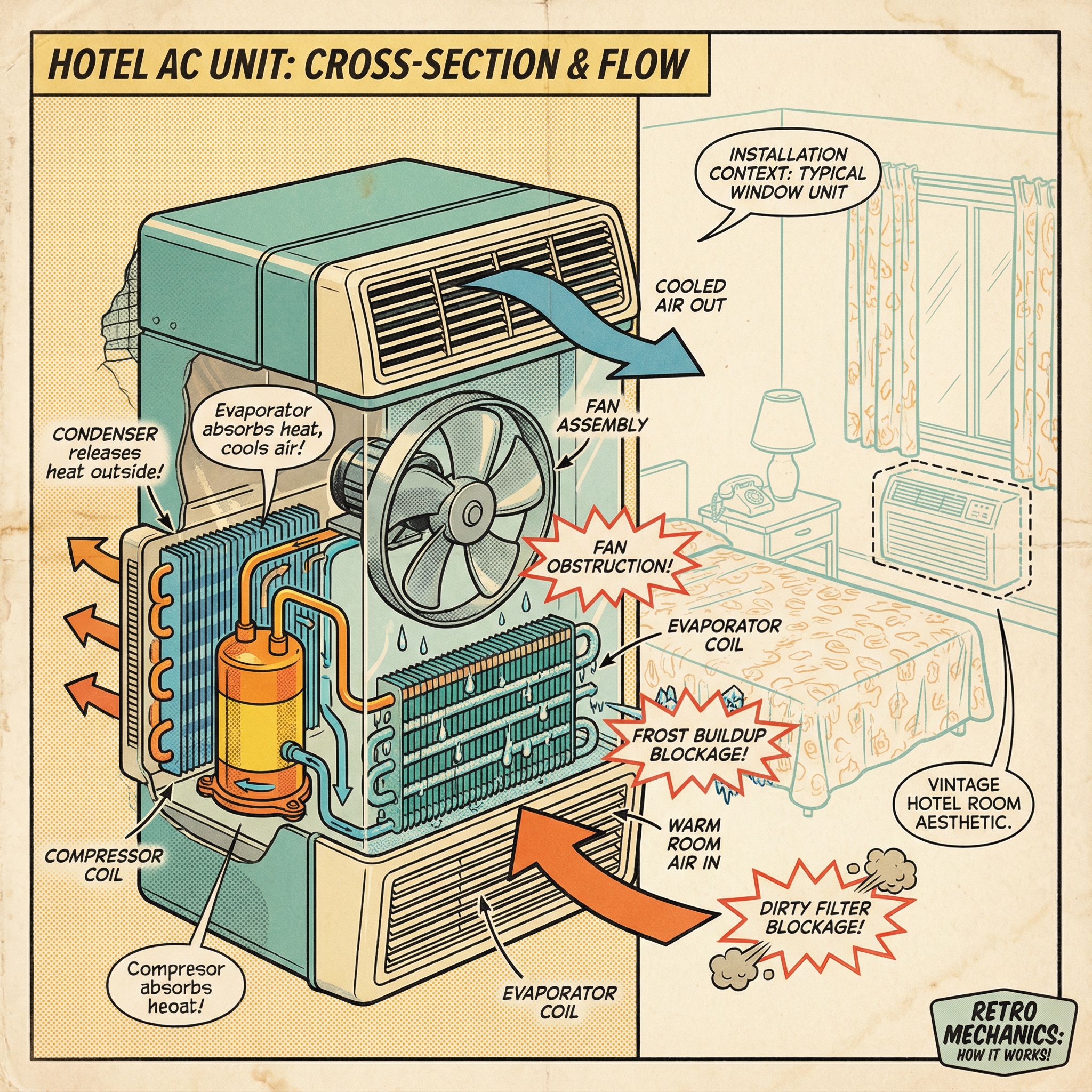 A cross-section view of a hotel room air conditioning unit, showcasing internal components such as the compressor, evaporator