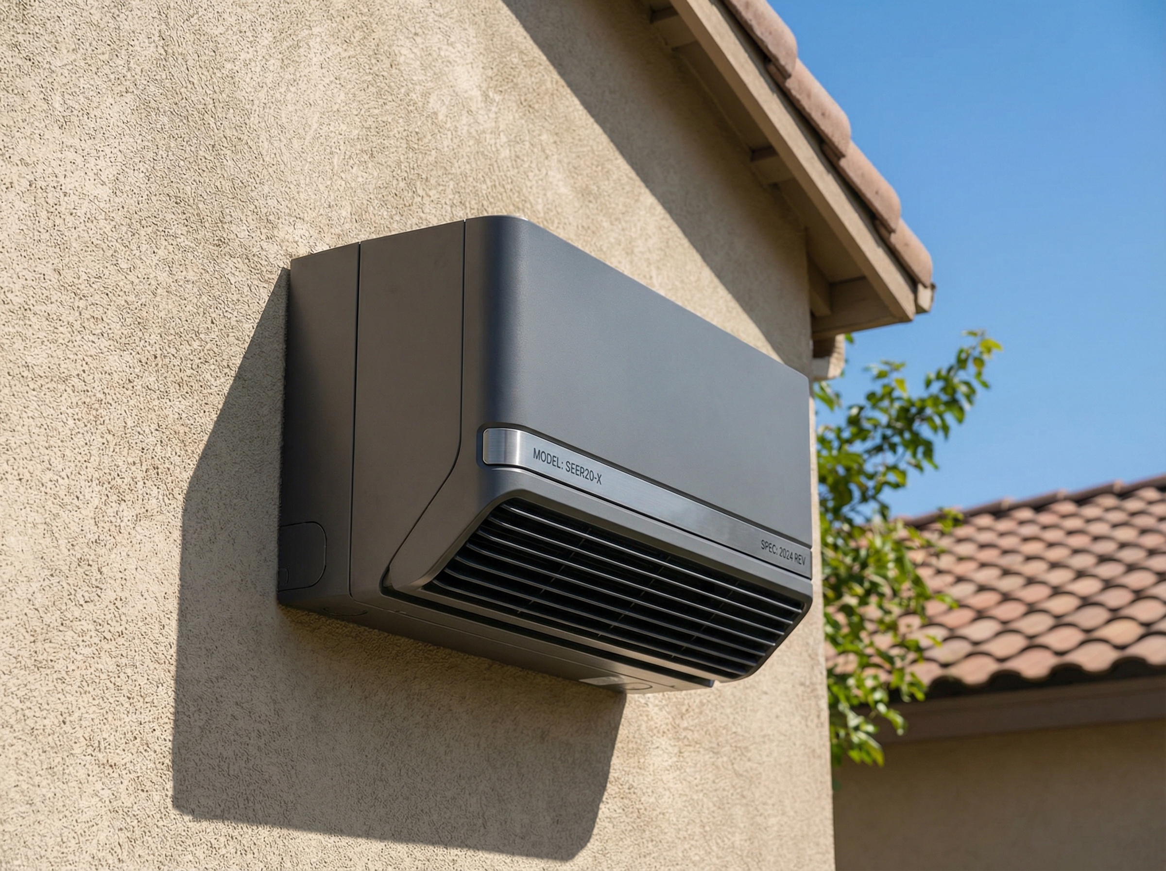 A close-up view of a modern air conditioning unit installed on a residential building