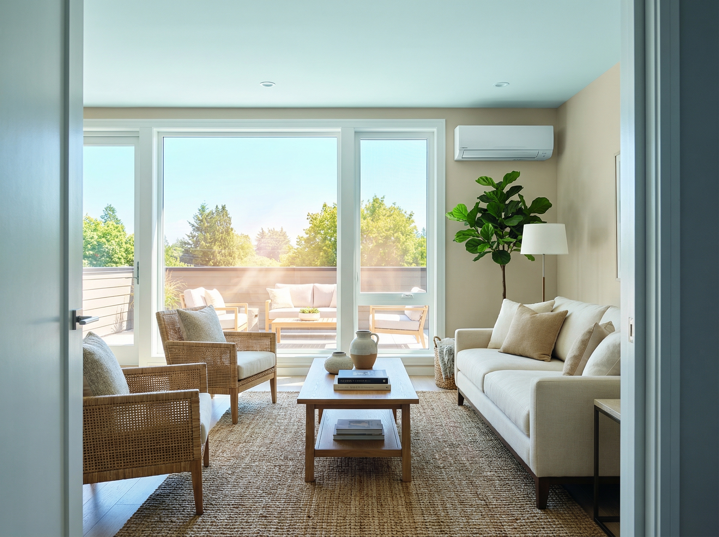 A professionally staged living room featuring a central air conditioning unit discreetly integrated into a modern home design
